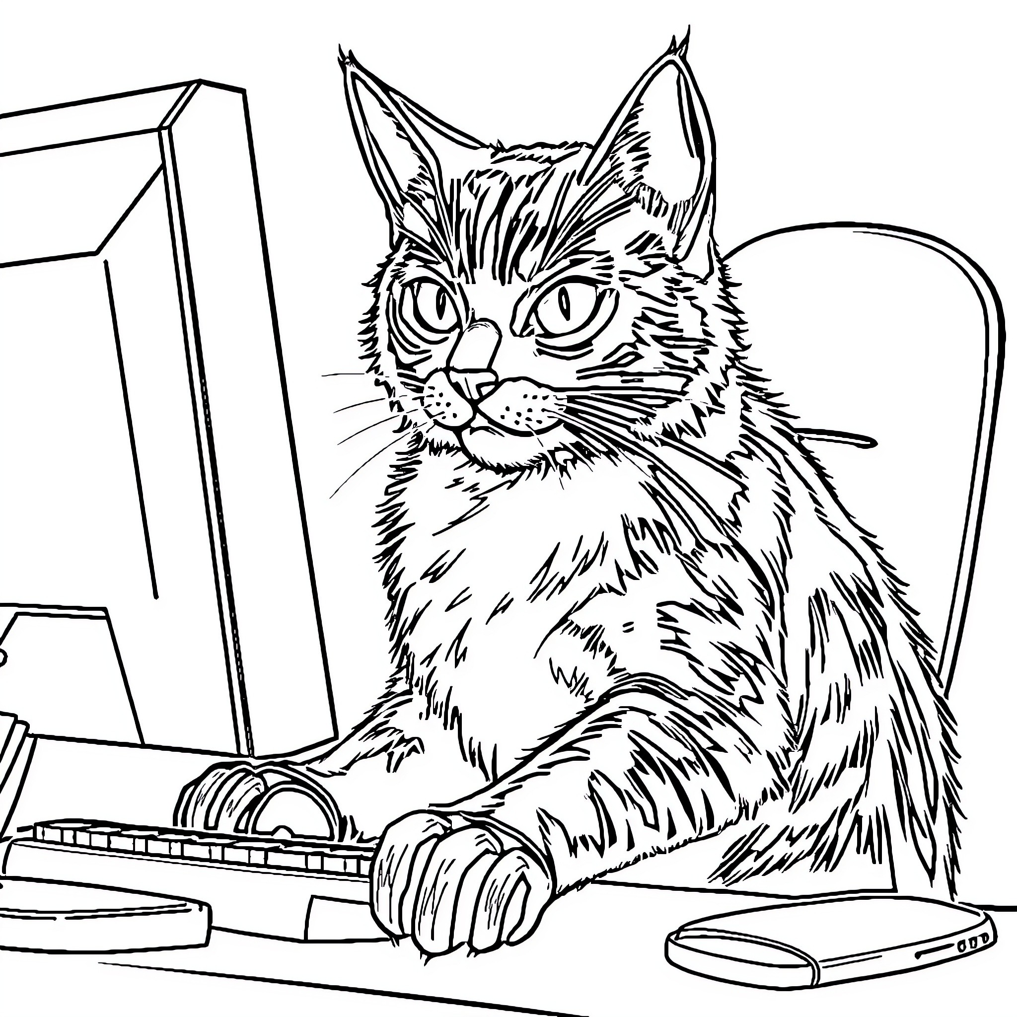 Cat working diligently at computer Coloring Page (free black-and-white line drawing printable PDF for all, from beginners to advanced learners, including children, teens, adults, and seniors)