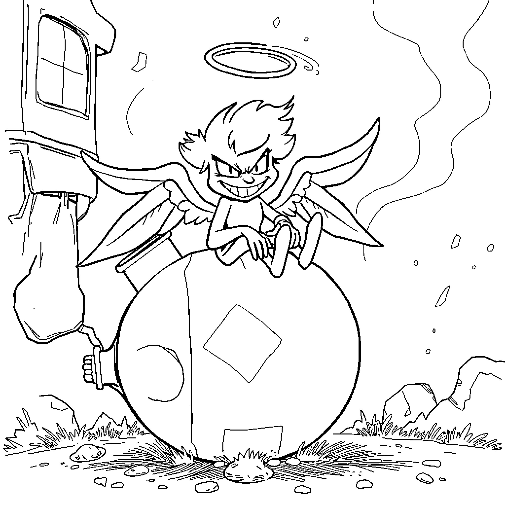 Angel Dust character in a dark and ominous setting Coloring Page (free black-and-white line drawing printable PDF for all, from beginners to advanced learners, including children, teens, adults, and seniors)