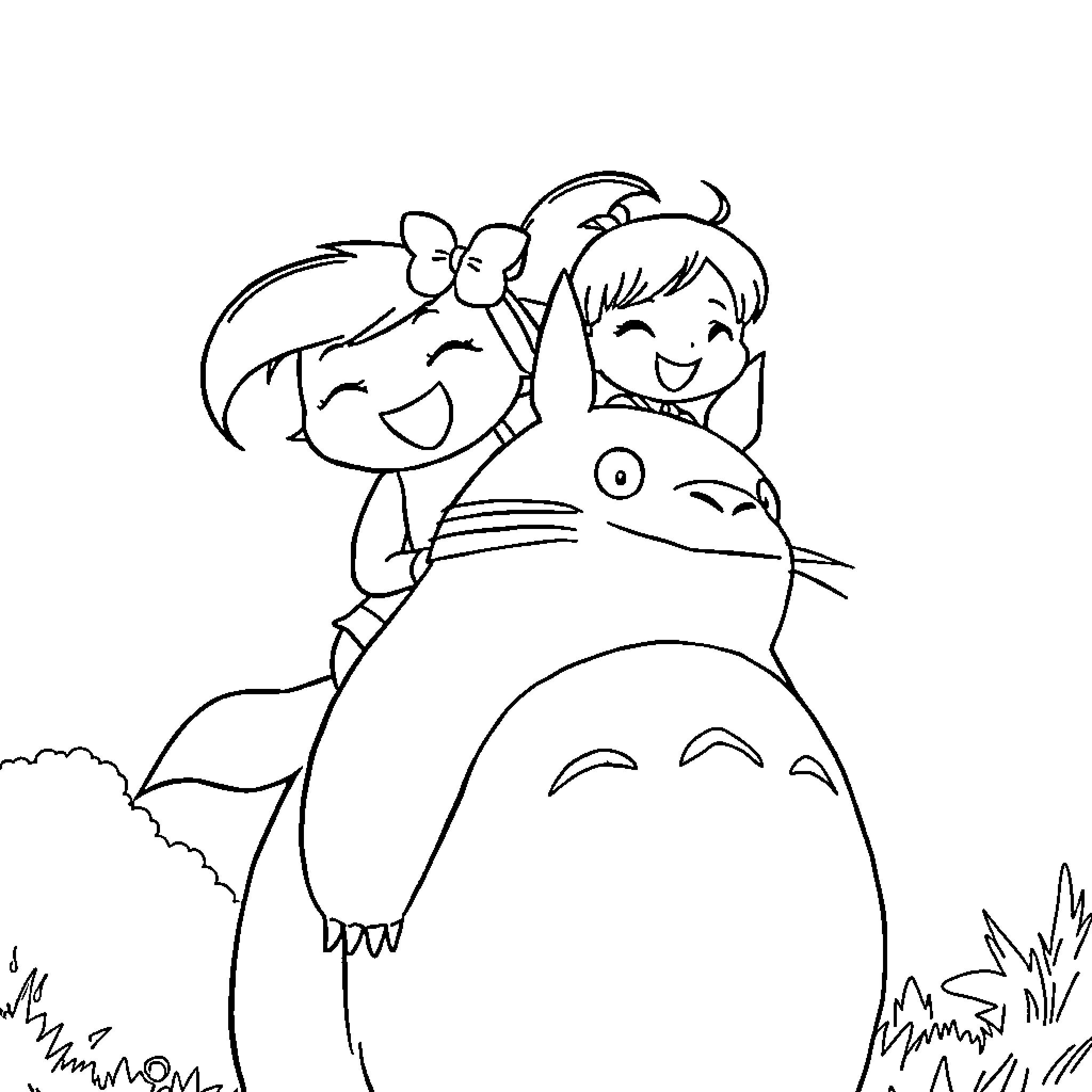Ponyo embracing Sosuke on a giant fish Coloring Page (free black-and-white line drawing printable PDF for all, from beginners to advanced learners, including children, teens, adults, and seniors)