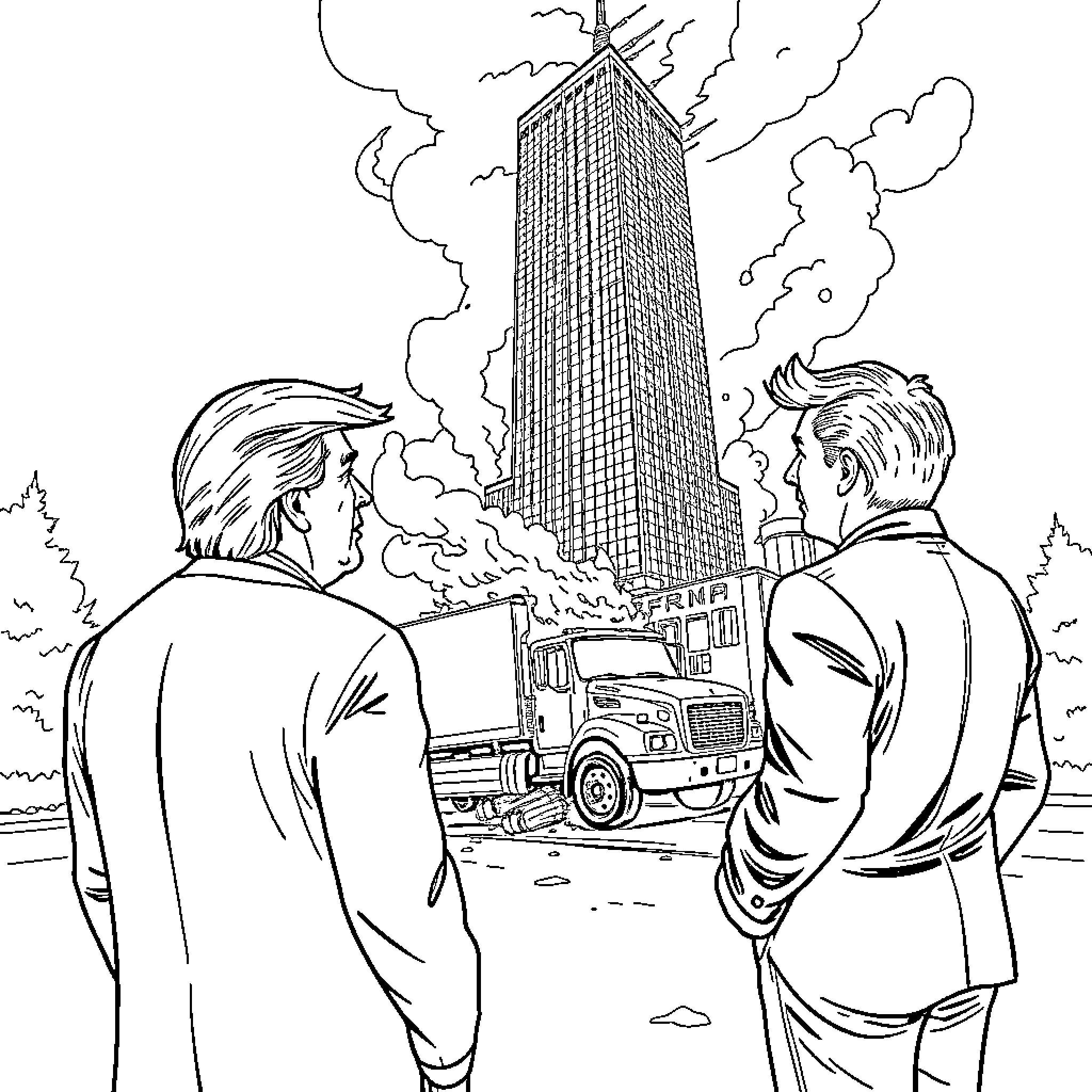 Donald Trump and companion observe skyscraper scene Coloring Page (free black-and-white line drawing printable PDF for all, from beginners to advanced learners, including children, teens, adults, and seniors)