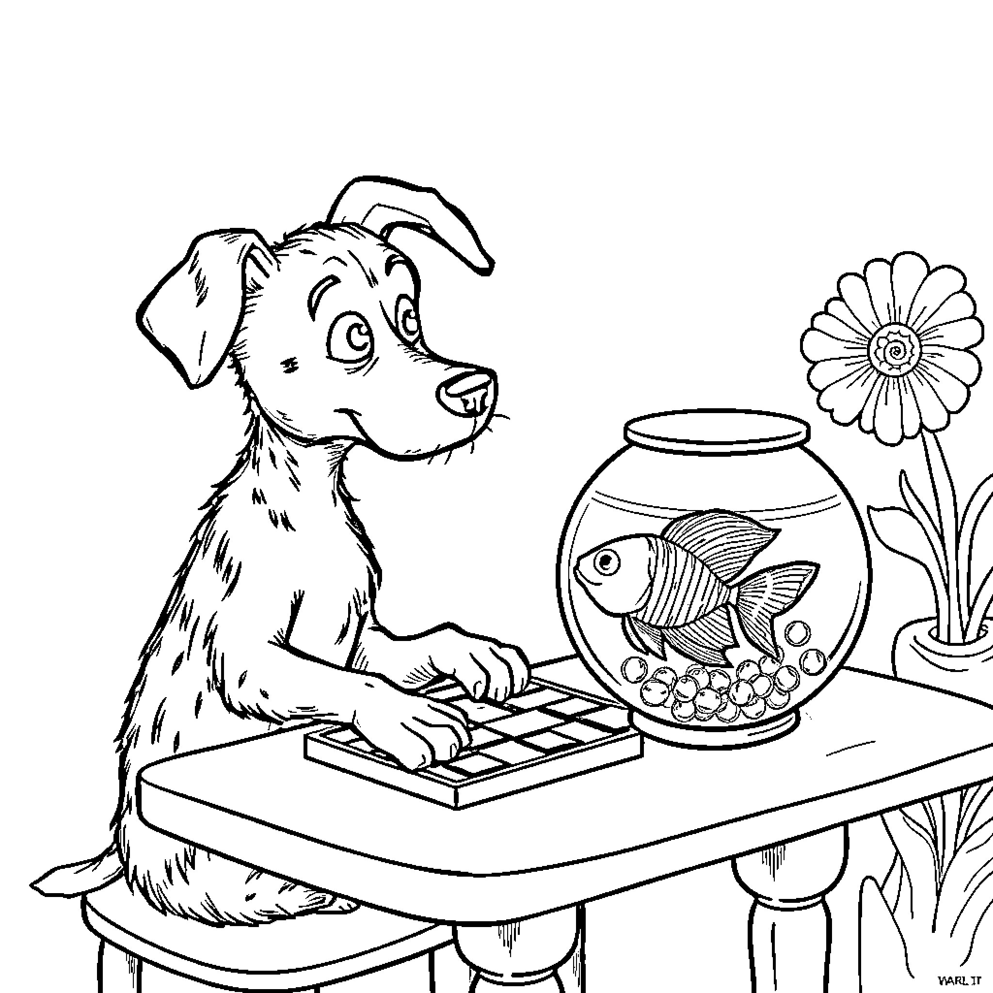 Dog playing with toy on table near fish bowl and flowers Coloring Page (free black-and-white line drawing printable PDF for all, from beginners to advanced learners, including children, teens, adults, and seniors)