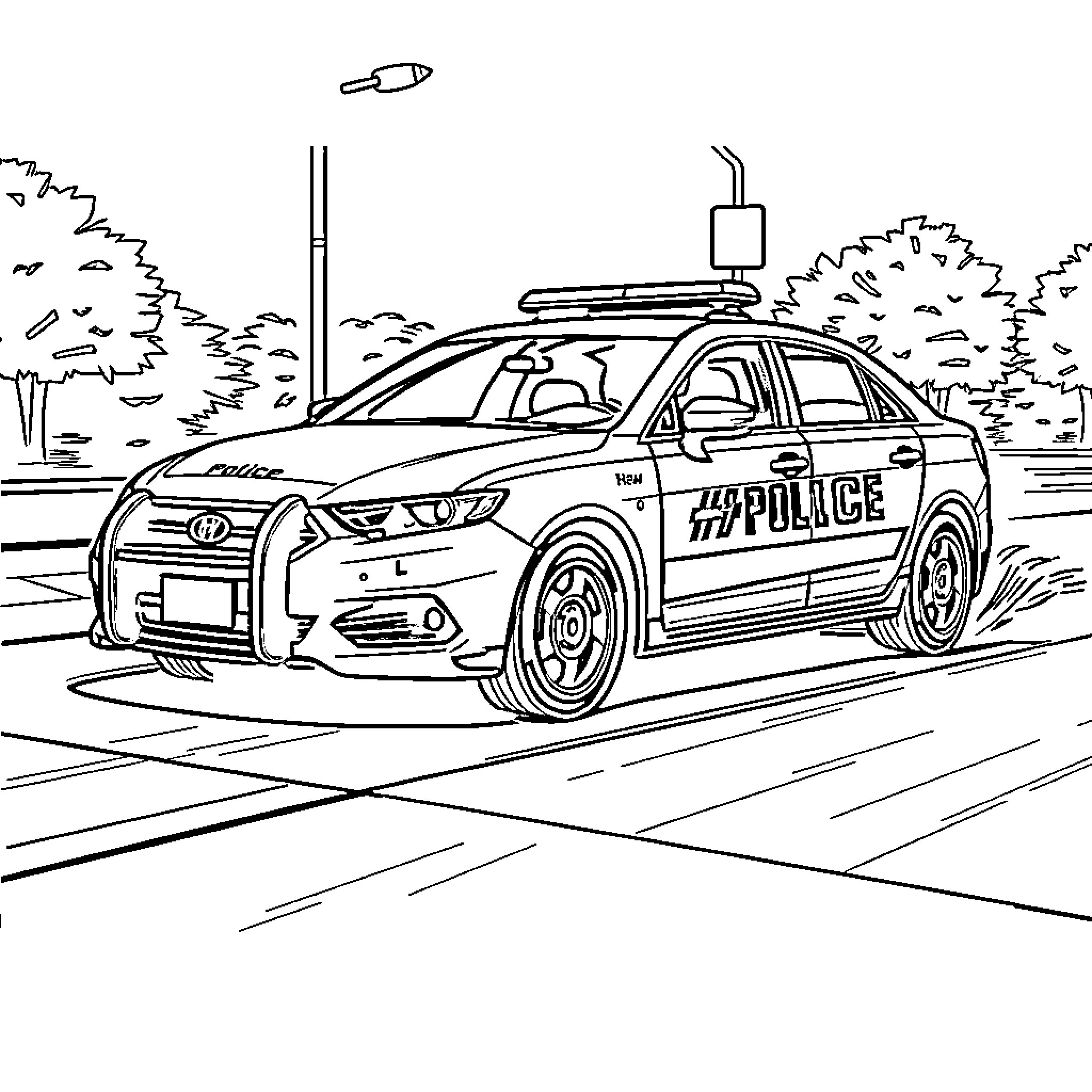 Police Car Patrolling the Neighborhood Coloring Page (free black-and-white line drawing printable PDF for all, from beginners to advanced learners, including children, teens, adults, and seniors)