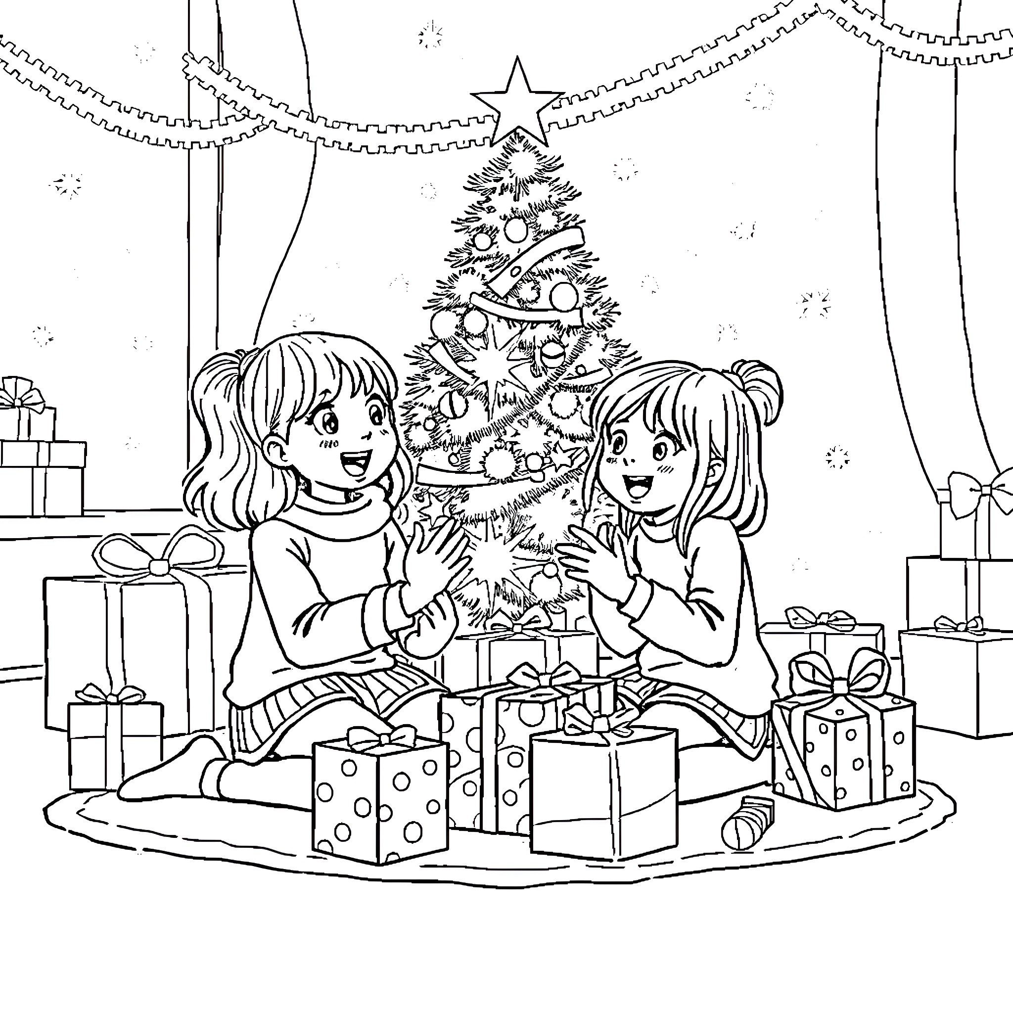Girls decorating the Christmas tree together Coloring Page (free black-and-white line drawing printable PDF for all, from beginners to advanced learners, including children, teens, adults, and seniors)