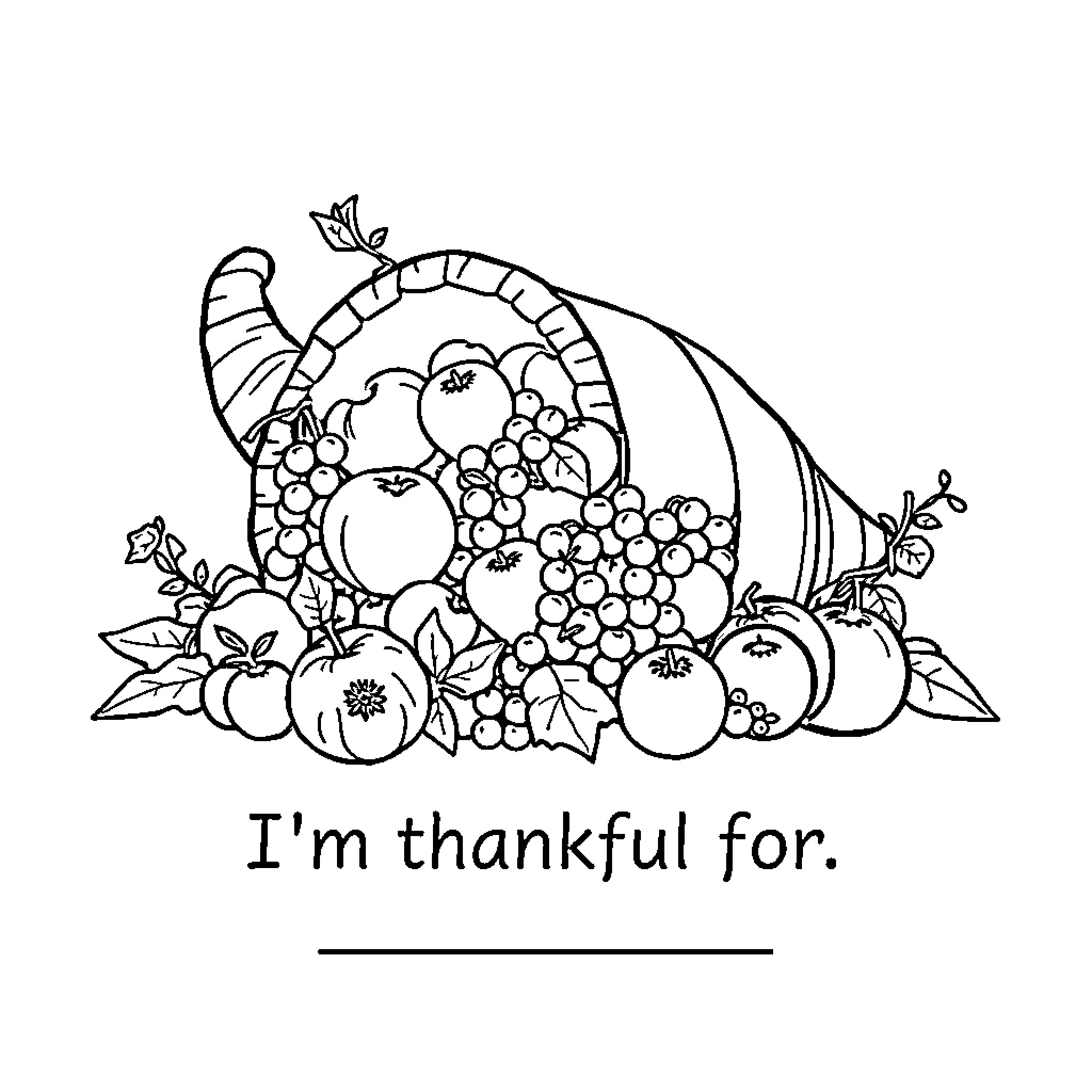 Cornucopia filled with bountiful harvest Coloring Page (free black-and-white line drawing printable PDF for all, from beginners to advanced learners, including children, teens, adults, and seniors)