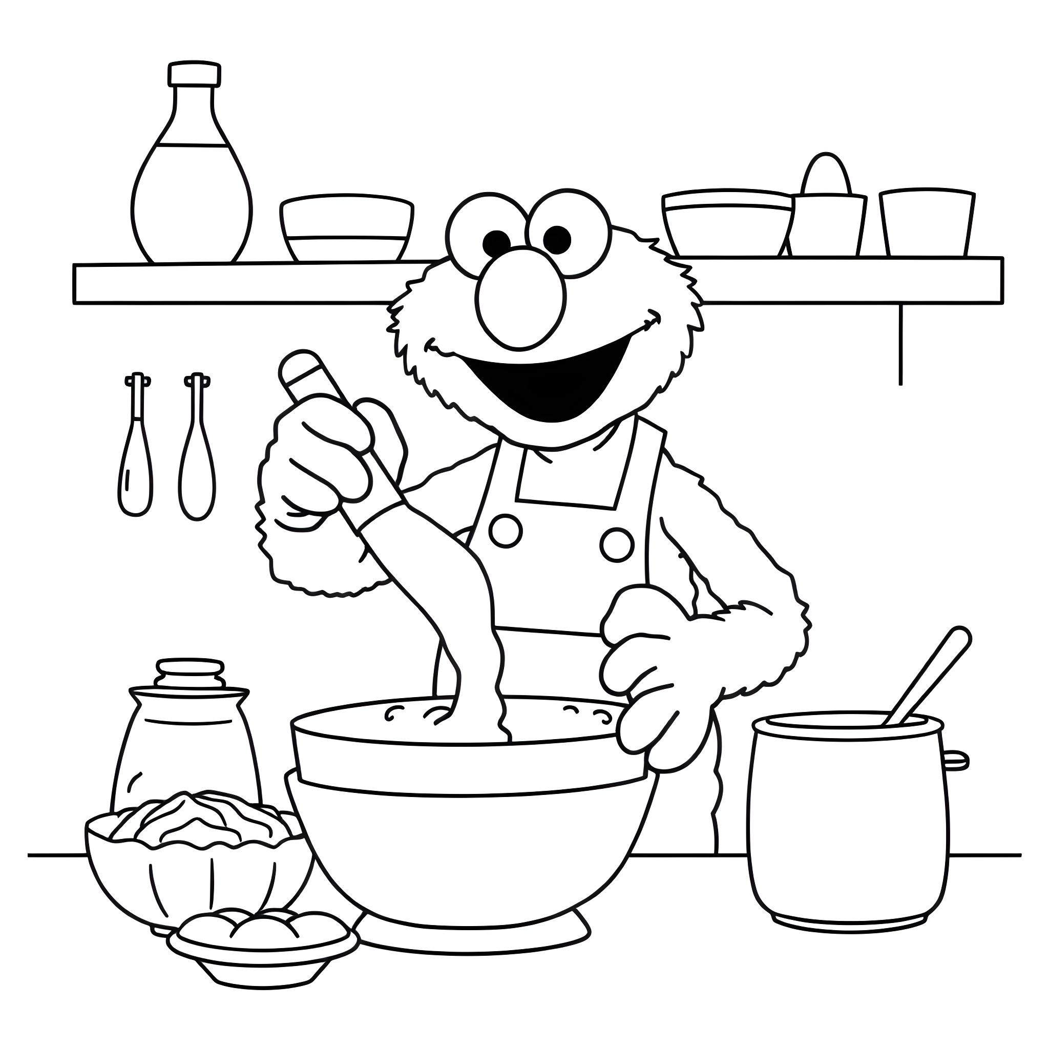 Elmo cooking enthusiastically in the kitchen Coloring Page (free black-and-white line drawing printable PDF for all, from beginners to advanced learners, including children, teens, adults, and seniors)