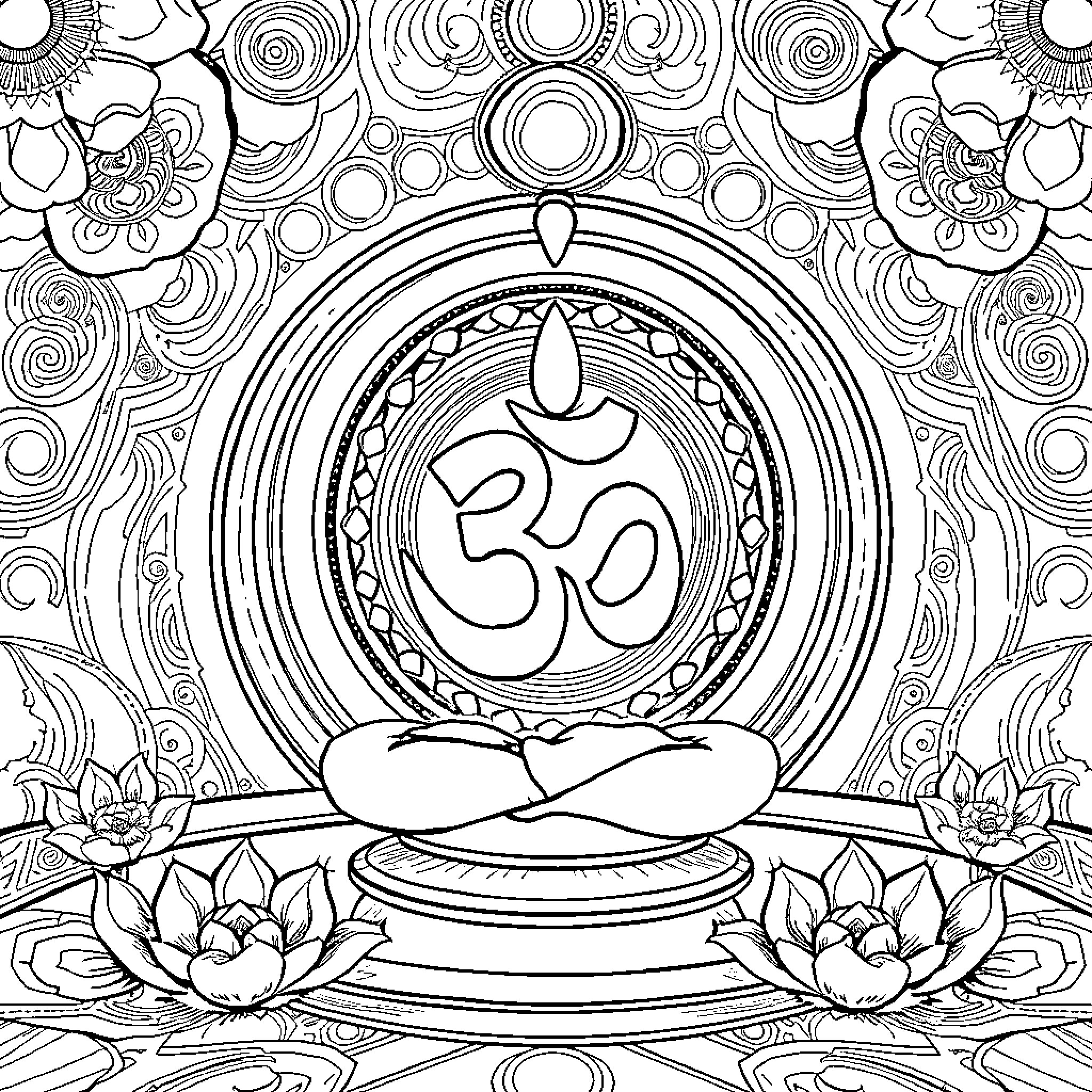 Om Meditative Symbols in Intricate Patterns Coloring Page (free black-and-white line drawing printable PDF for all, from beginners to advanced learners, including children, teens, adults, and seniors)