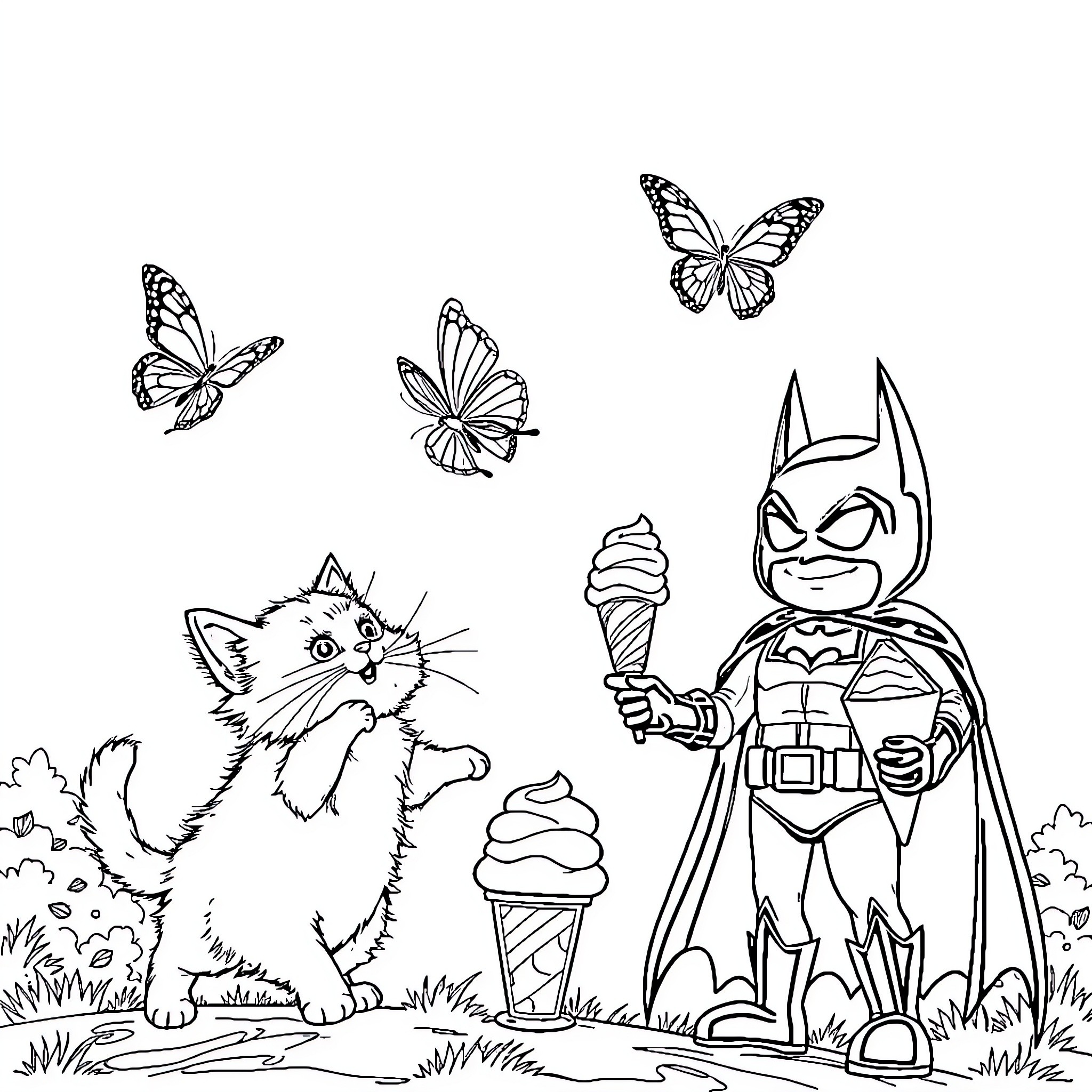 Cat and Batman with Ice Cream in Meadow Coloring Page (free black-and-white line drawing printable PDF for all, from beginners to advanced learners, including children, teens, adults, and seniors)