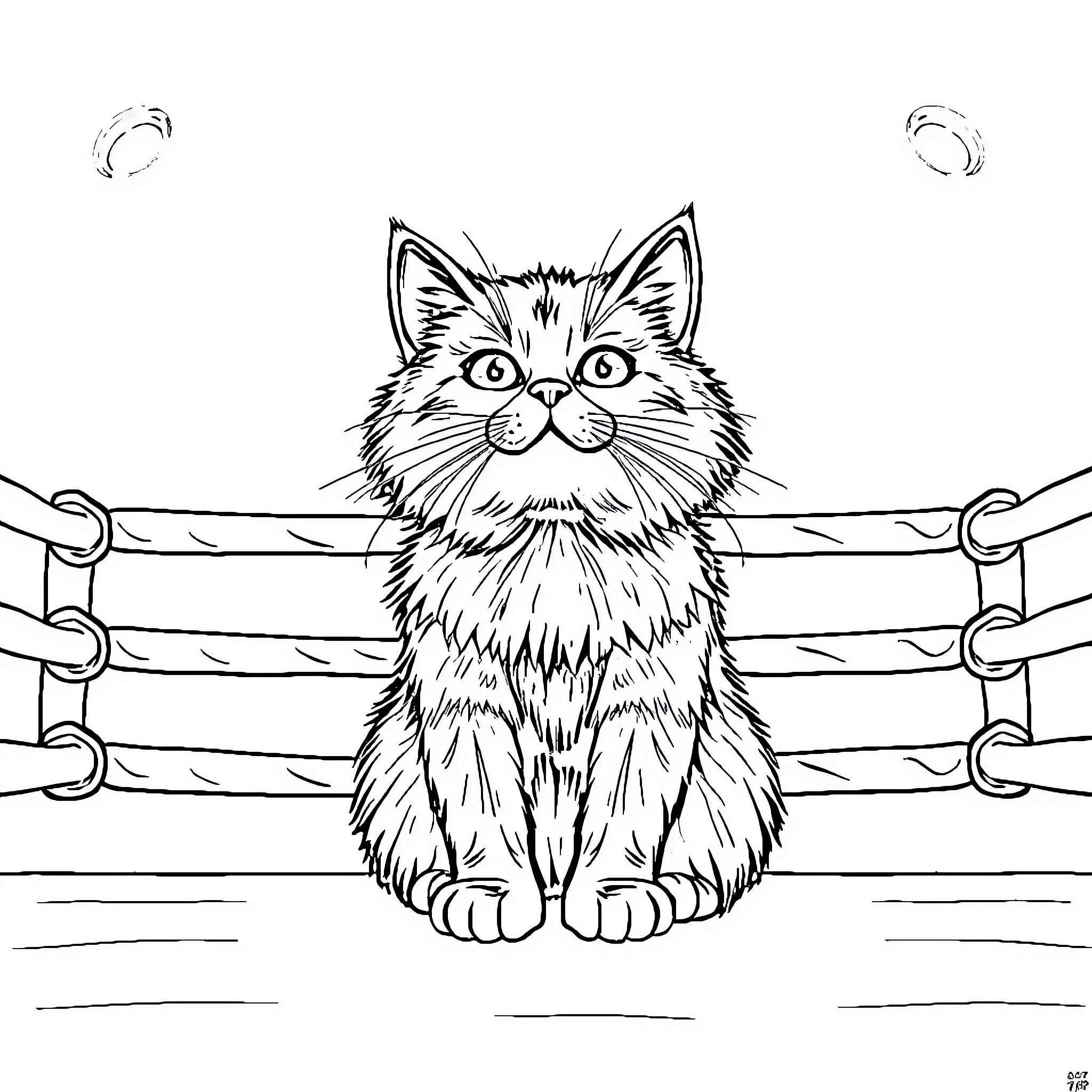 Cat behind metal bars Coloring Page (free black-and-white line drawing printable PDF for all, from beginners to advanced learners, including children, teens, adults, and seniors)