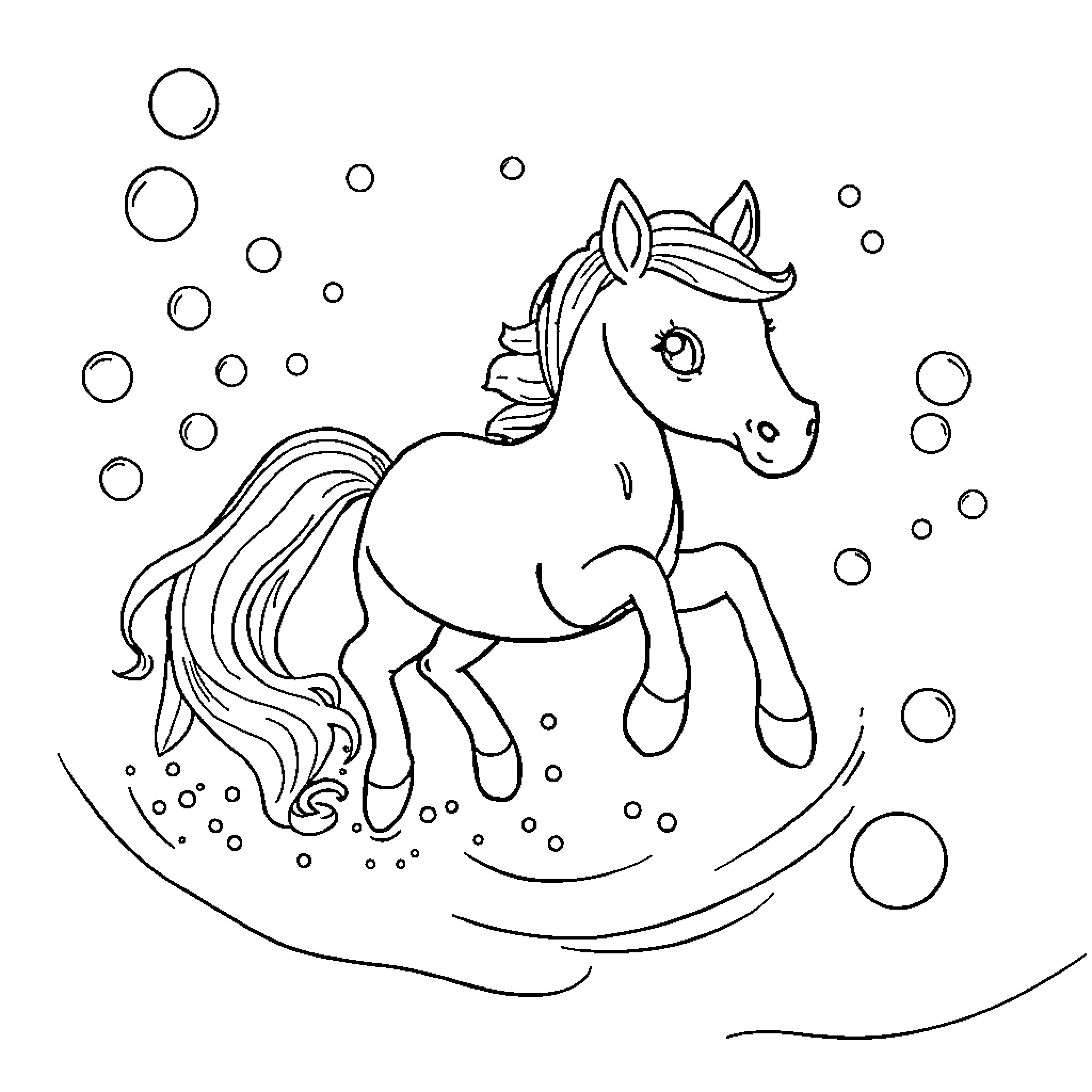 Seahorse riding a rocking horse amidst bubbles Coloring Page (free black-and-white line drawing printable PDF for all, from beginners to advanced learners, including children, teens, adults, and seniors)