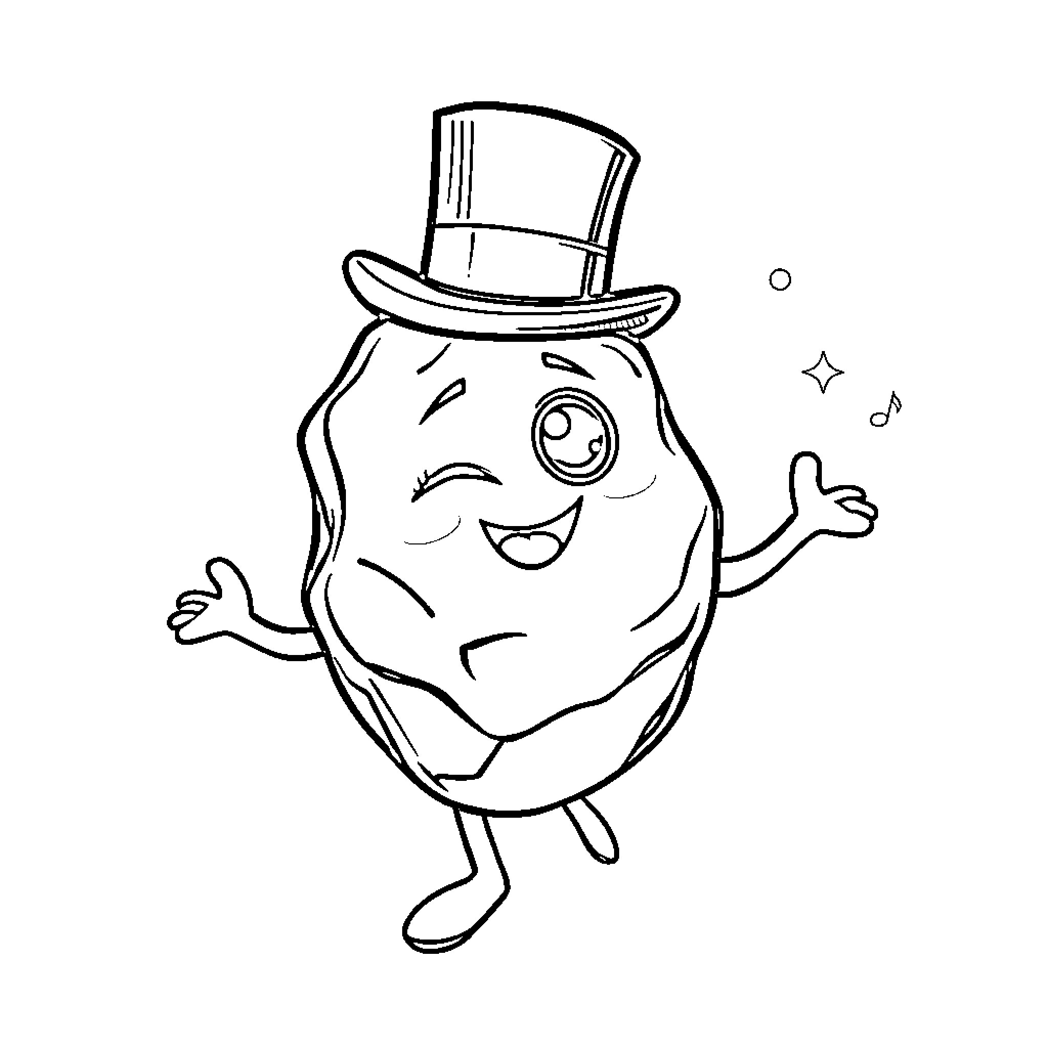 Rock character in top hat with happy expression Coloring Page (free black-and-white line drawing printable PDF for all, from beginners to advanced learners, including children, teens, adults, and seniors)