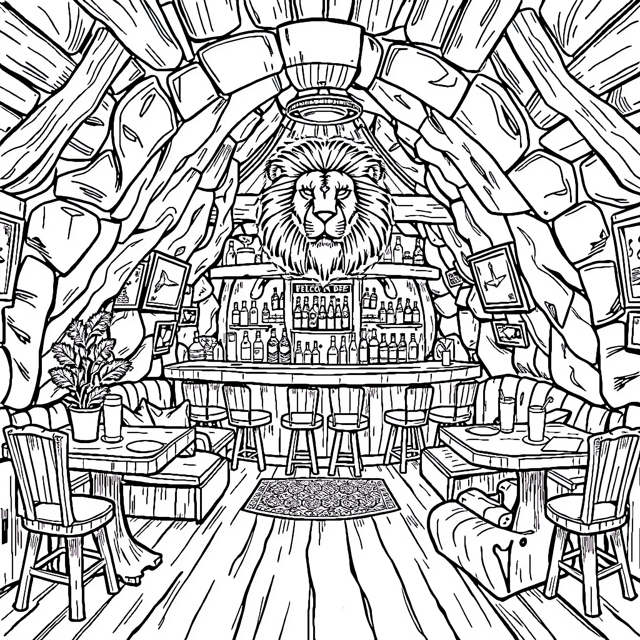 Lion presiding over a mystical bar scene Coloring Page (free black-and-white line drawing printable PDF for all, from beginners to advanced learners, including children, teens, adults, and seniors)