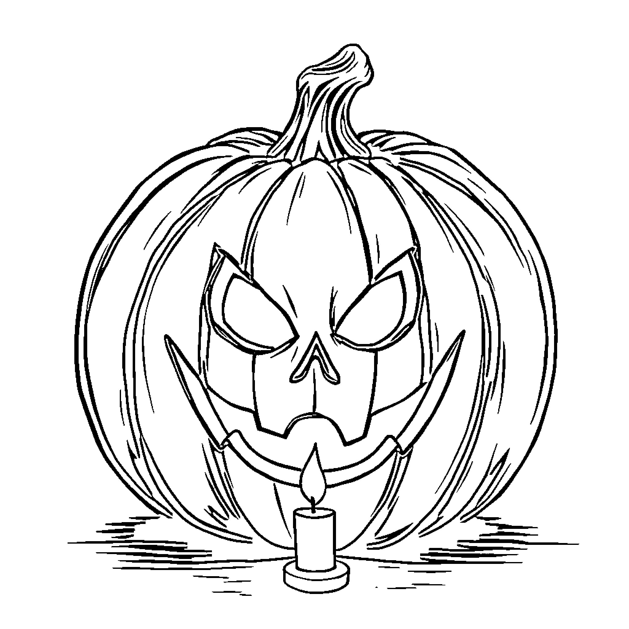 Pumpkin carved with a spooky face and candle Coloring Page (free black-and-white line drawing printable PDF for all, from beginners to advanced learners, including children, teens, adults, and seniors)