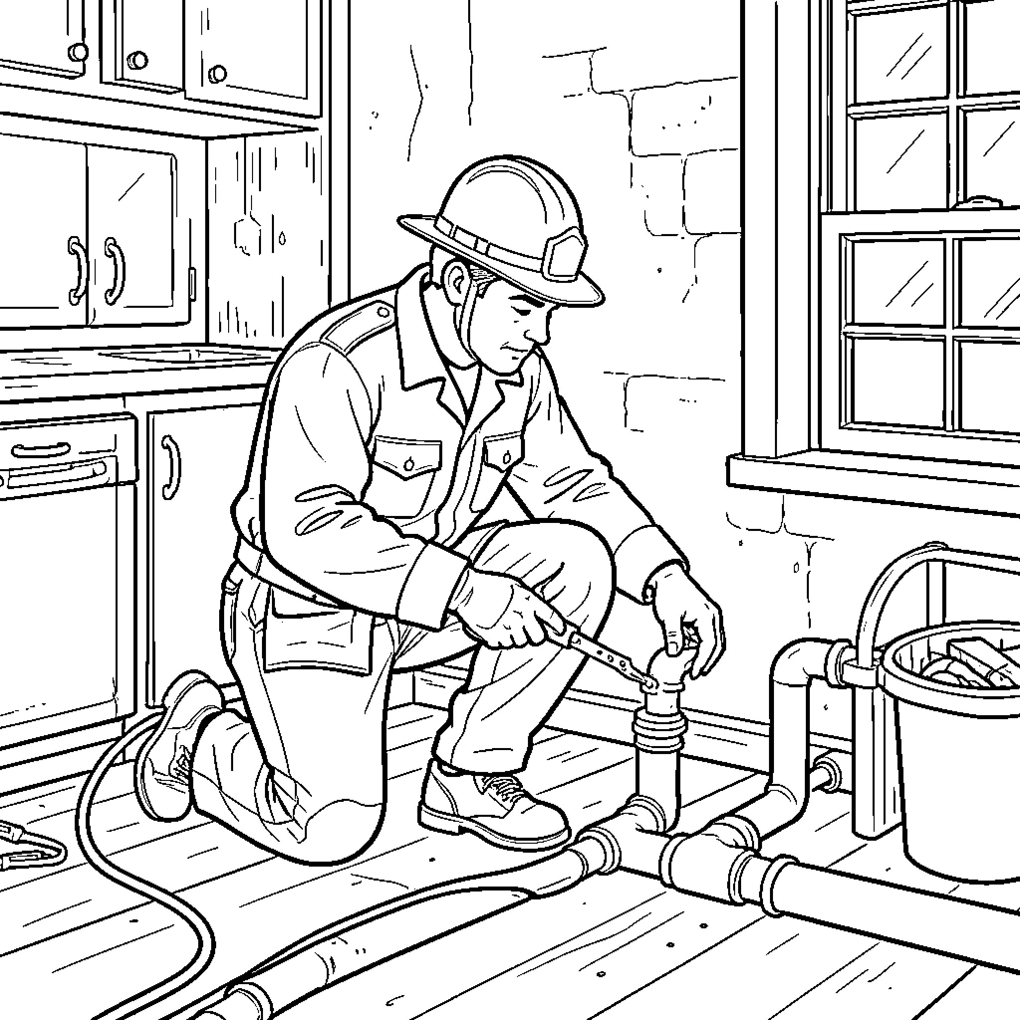 Plumber repairing pipes under a kitchen sink Coloring Page (free black-and-white line drawing printable PDF for all, from beginners to advanced learners, including children, teens, adults, and seniors)