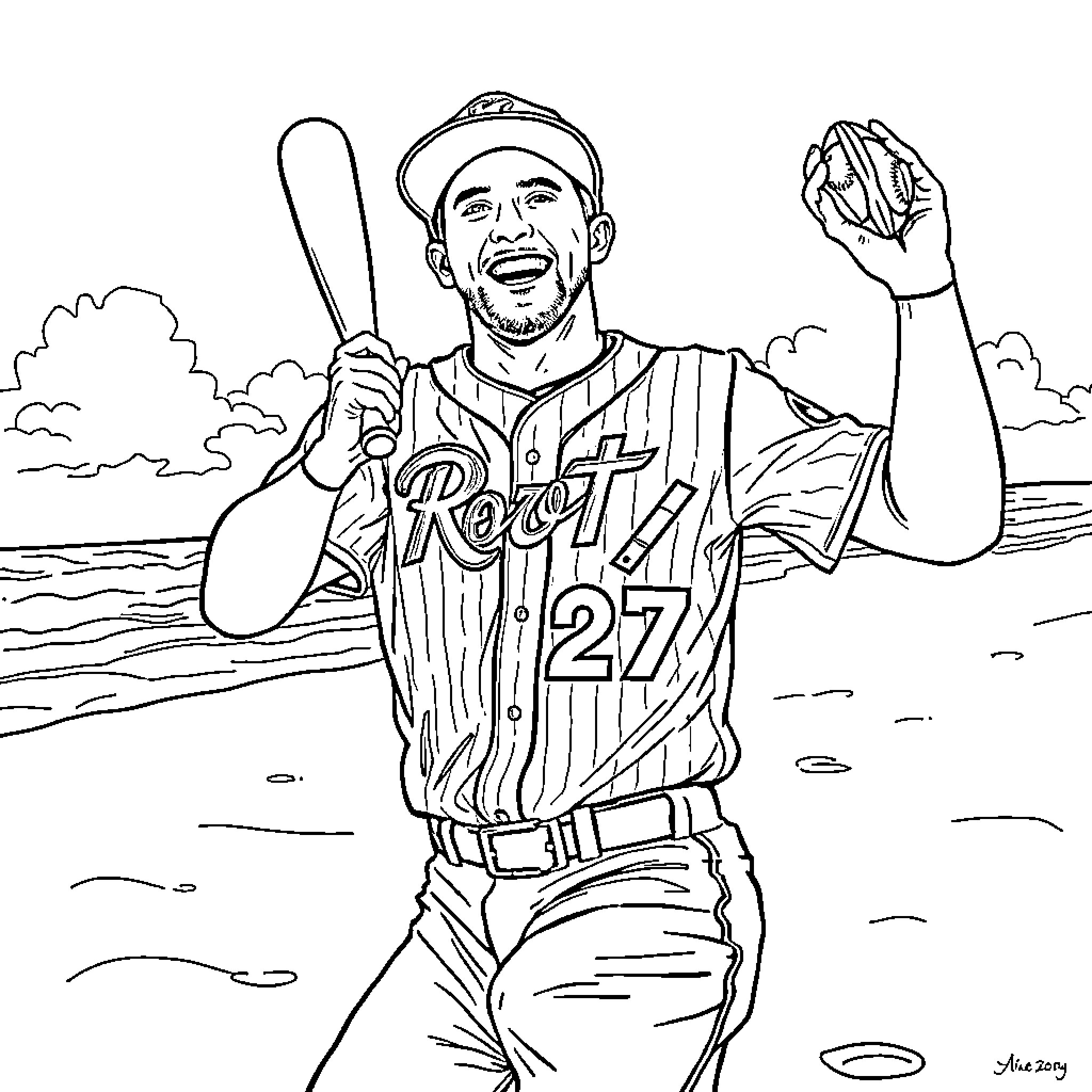 Mike Trout playing baseball on the field Coloring Page (free black-and-white line drawing printable PDF for all, from beginners to advanced learners, including children, teens, adults, and seniors)