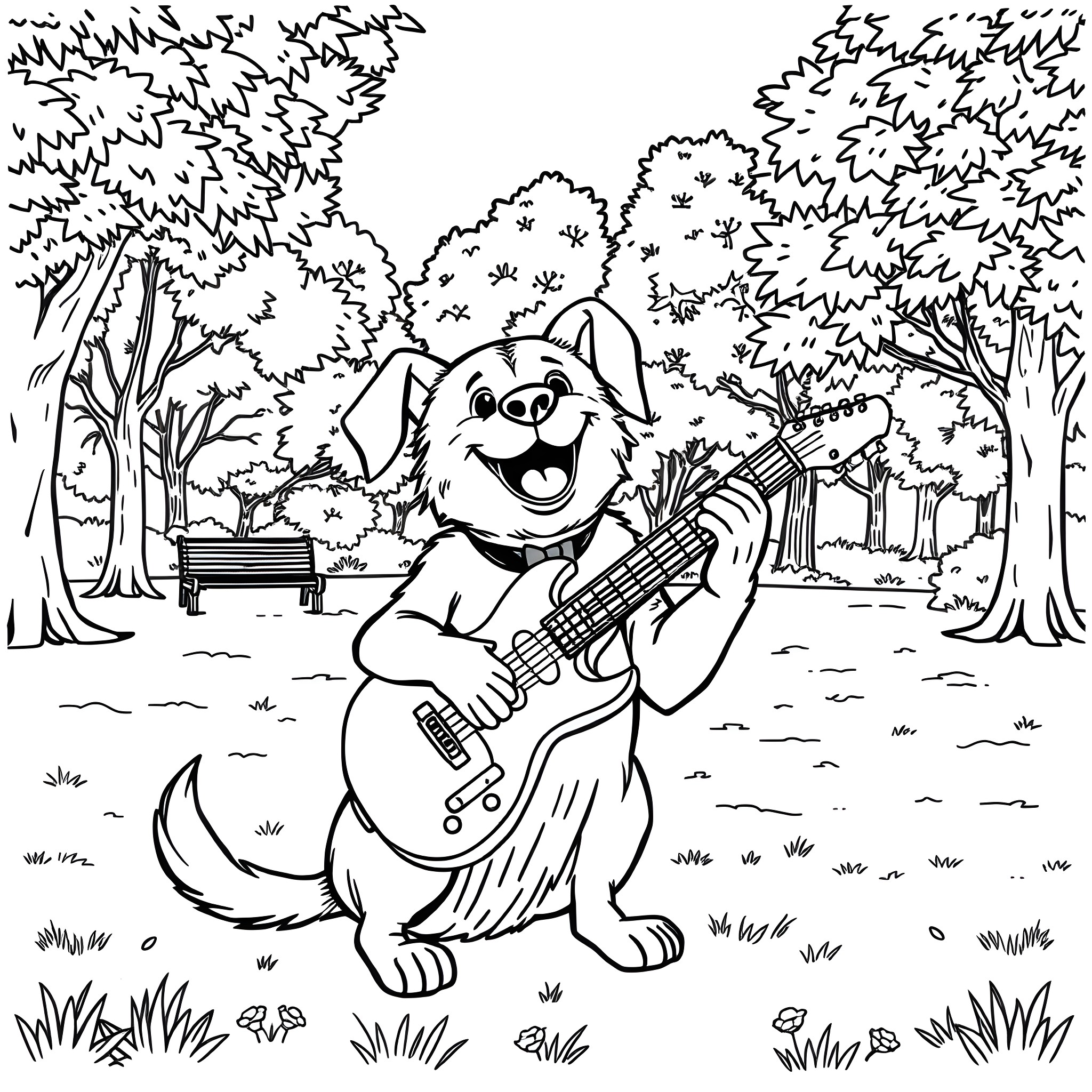 Dog Happily Playing Guitar in Park Coloring Page (free black-and-white line drawing printable PDF for all, from beginners to advanced learners, including children, teens, adults, and seniors)