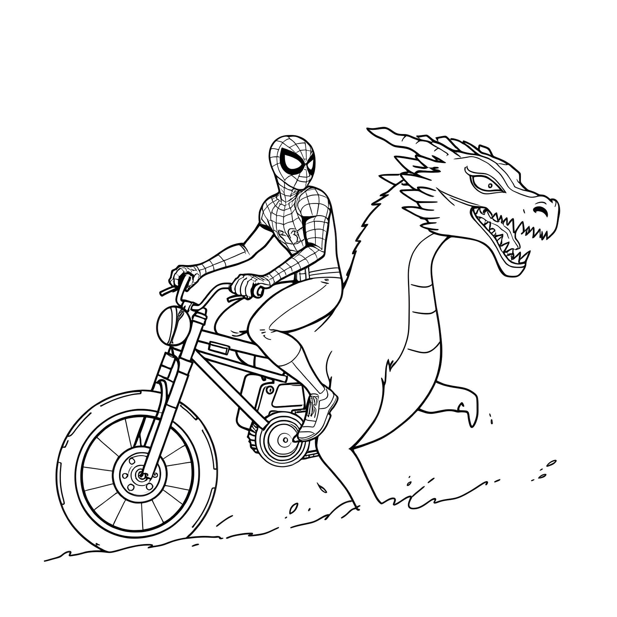 Spidey rides motorcycle with dragon companion Coloring Page (free black-and-white line drawing printable PDF for all, from beginners to advanced learners, including children, teens, adults, and seniors)