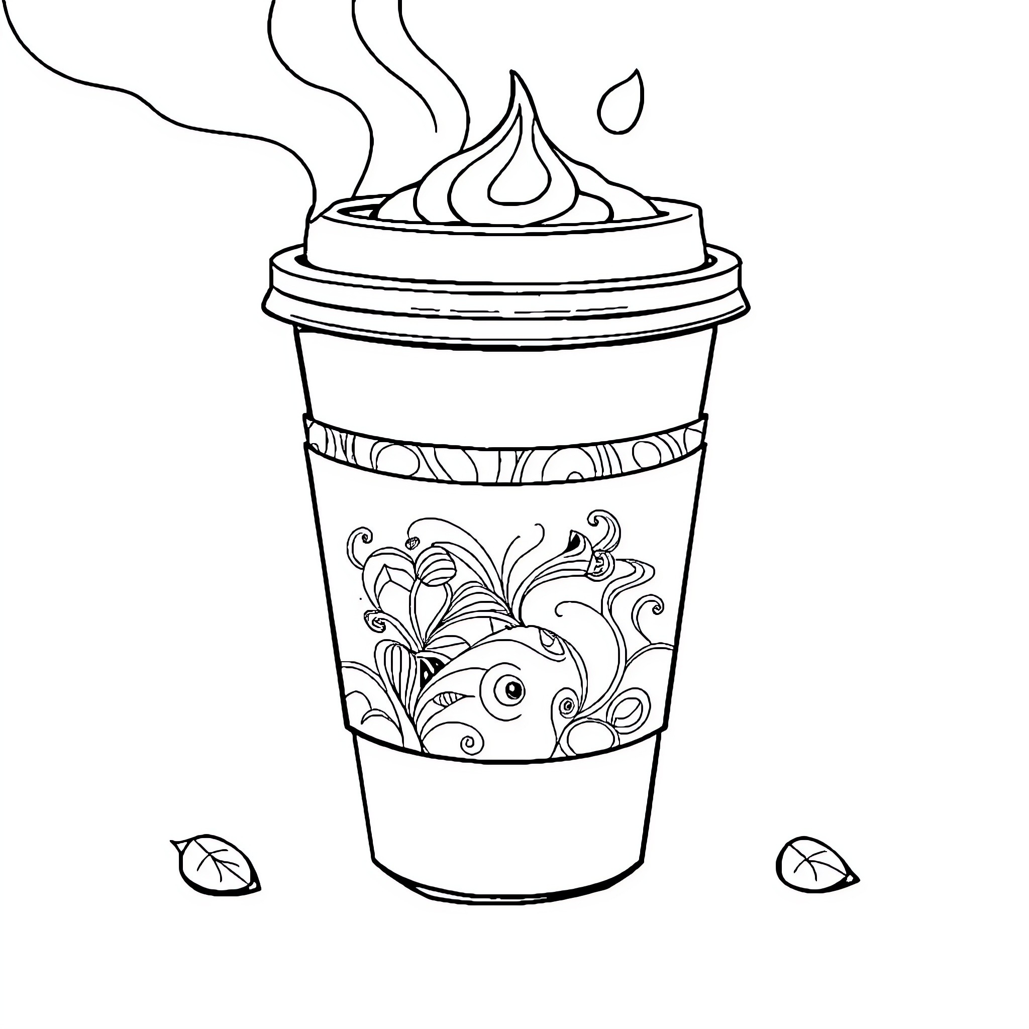 Coffee Cup with Decorative Swirls and Fish Coloring Page (free black-and-white line drawing printable PDF for all, from beginners to advanced learners, including children, teens, adults, and seniors)