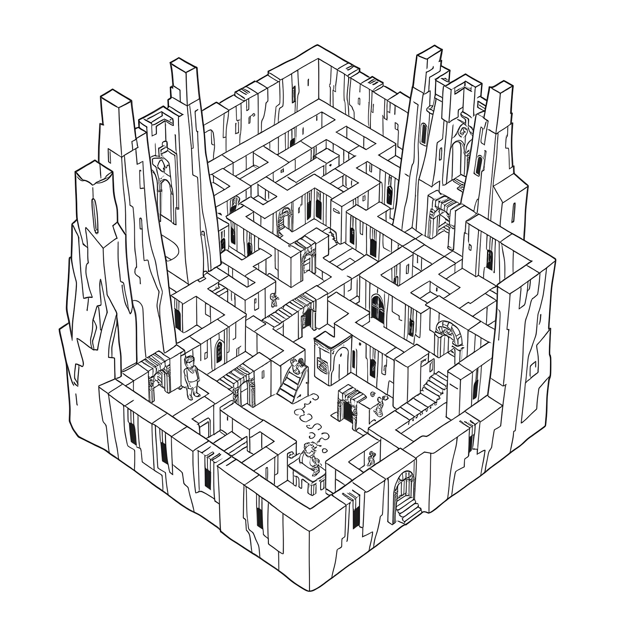 Maze of Intricate Architectural Structures Coloring Page (free black-and-white line drawing printable PDF for all, from beginners to advanced learners, including children, teens, adults, and seniors)