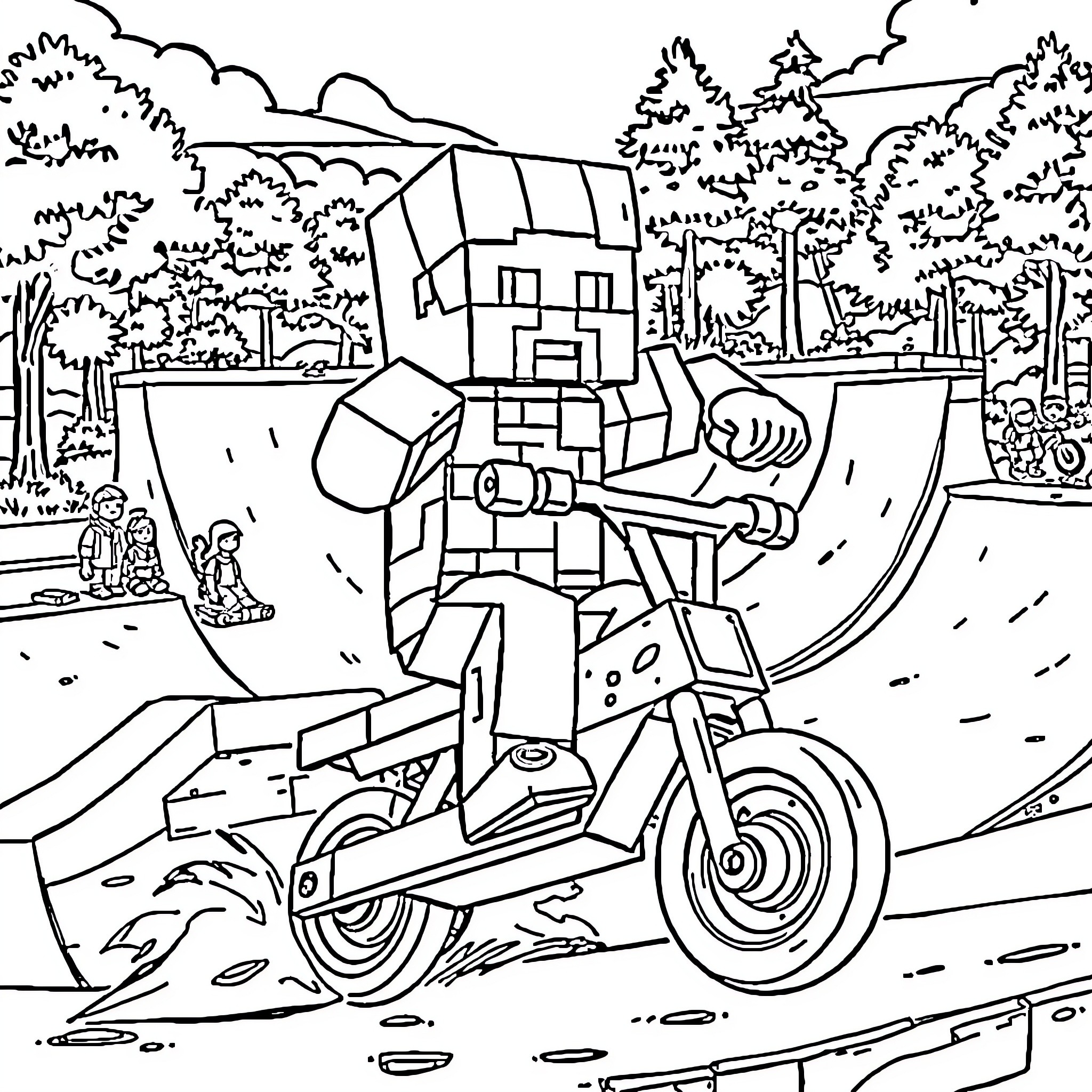 Minecraft Character Riding a Motorcycle in the Countryside Coloring Page (free black-and-white line drawing printable PDF for all, from beginners to advanced learners, including children, teens, adults, and seniors)