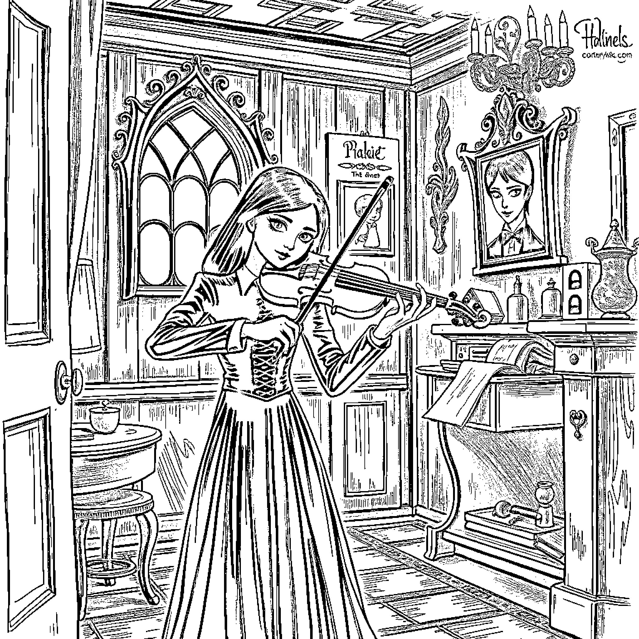 Wednesday Adams Plays Violin in Ornate Room Coloring Page (free black-and-white line drawing printable PDF for all, from beginners to advanced learners, including children, teens, adults, and seniors)
