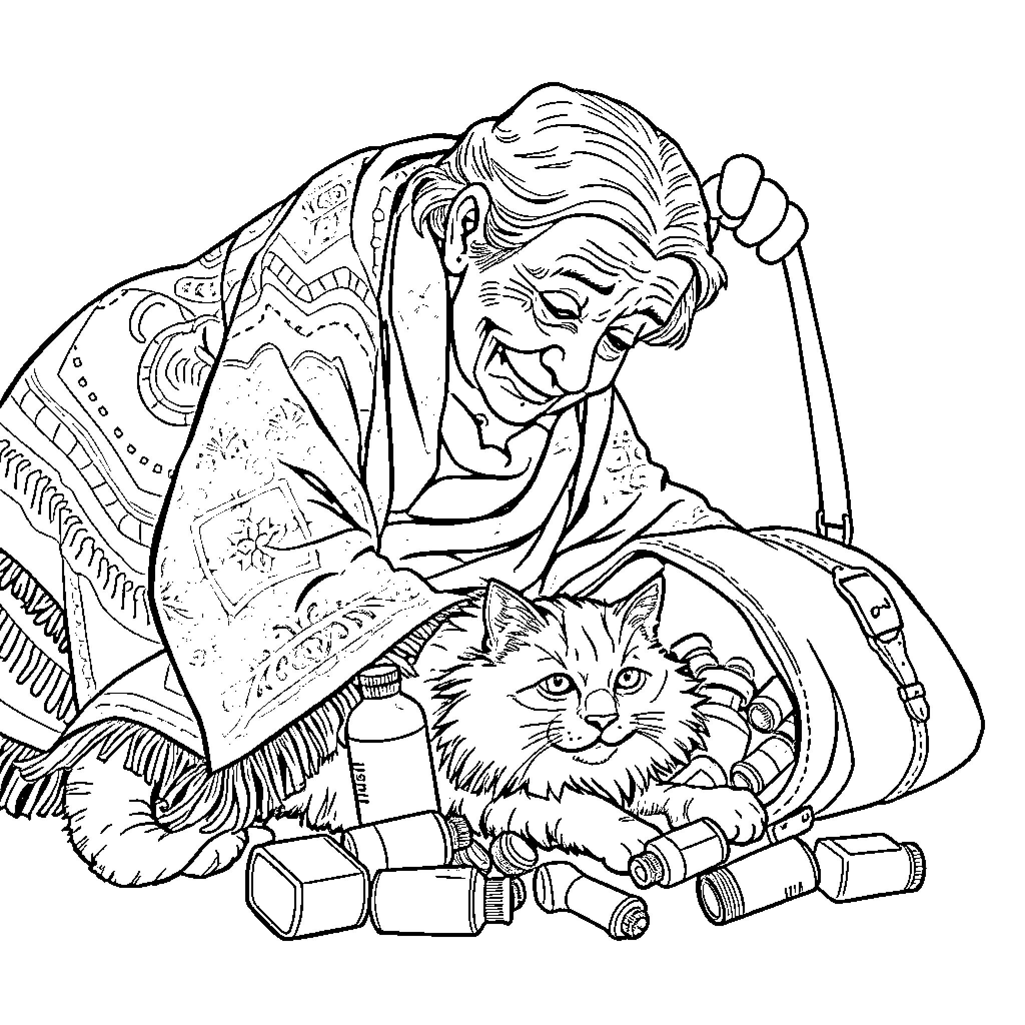 Granny Caring for Her Feline Companion Coloring Page (free black-and-white line drawing printable PDF for all, from beginners to advanced learners, including children, teens, adults, and seniors)
