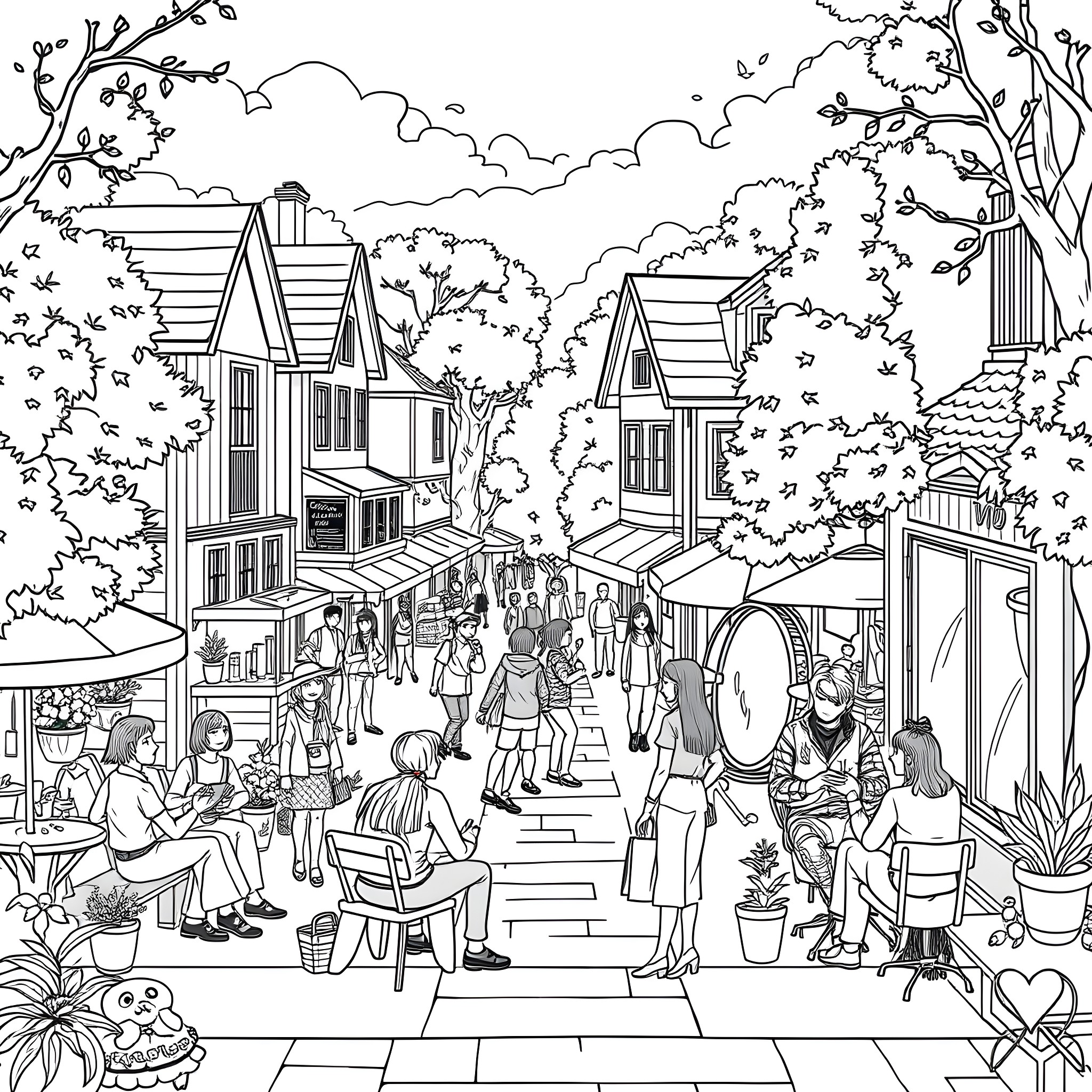Roblox characters exploring a vibrant village scene Coloring Page (free black-and-white line drawing printable PDF for all, from beginners to advanced learners, including children, teens, adults, and seniors)