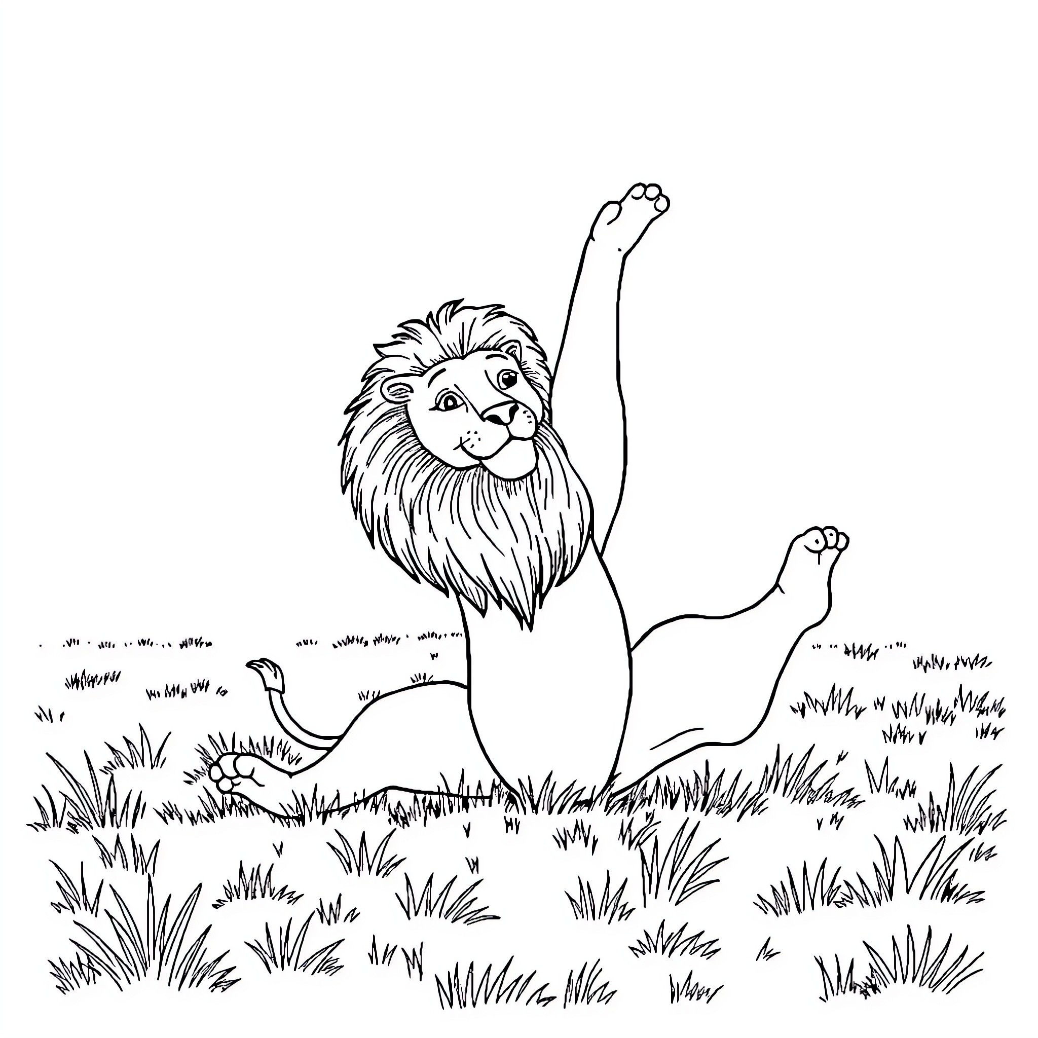 Lion stretching its paws in the meadow Coloring Page (free black-and-white line drawing printable PDF for all, from beginners to advanced learners, including children, teens, adults, and seniors)