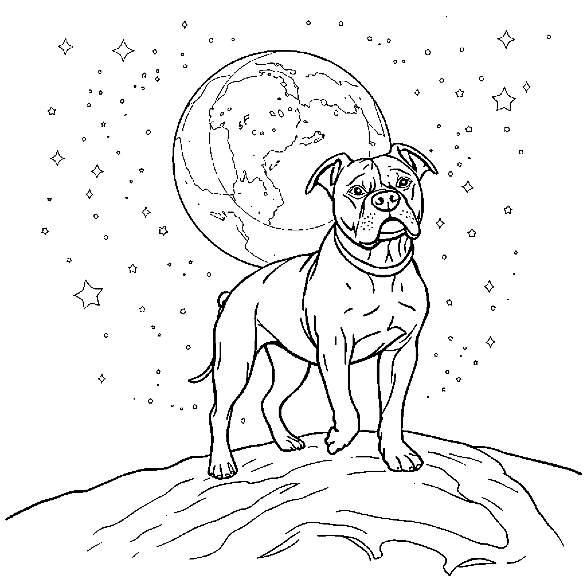 Staffordshire Pitbull gazing at the starry night sky Coloring Page (free black-and-white line drawing printable PDF for all, from beginners to advanced learners, including children, teens, adults, and seniors)