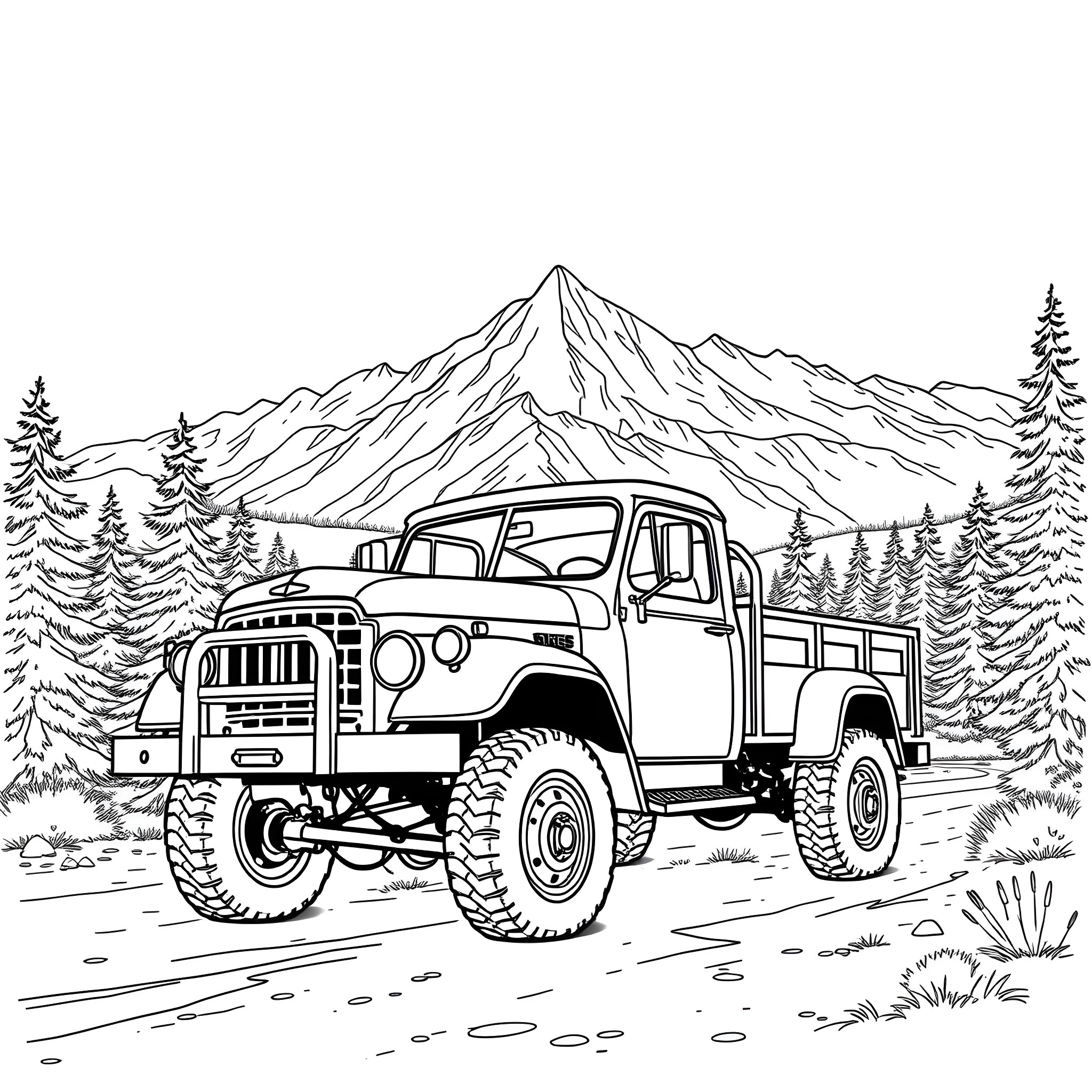 Truck traversing rugged mountain terrain Coloring Page (free black-and-white line drawing printable PDF for all, from beginners to advanced learners, including children, teens, adults, and seniors)
