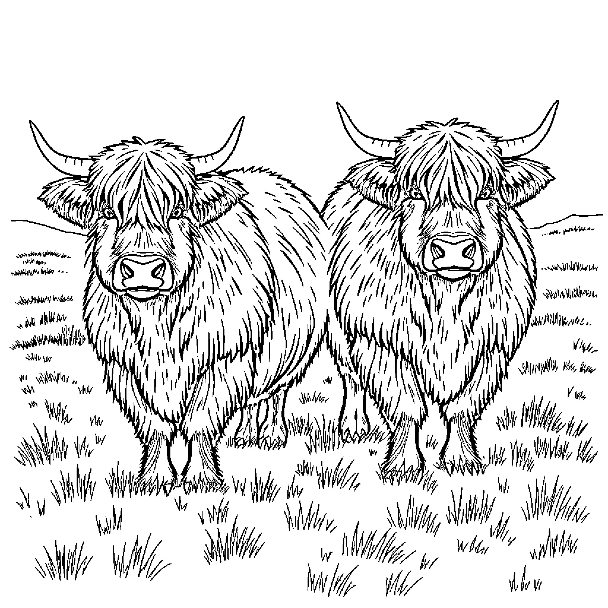 Highland Cows Grazing in the Meadow Coloring Page (free black-and-white line drawing printable PDF for all, from beginners to advanced learners, including children, teens, adults, and seniors)