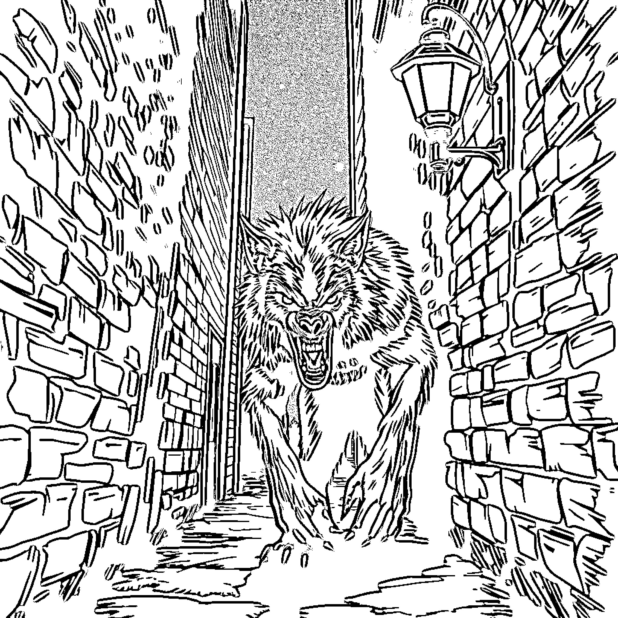 Werewolf stalking through a dark alley Coloring Page (free black-and-white line drawing printable PDF for all, from beginners to advanced learners, including children, teens, adults, and seniors)
