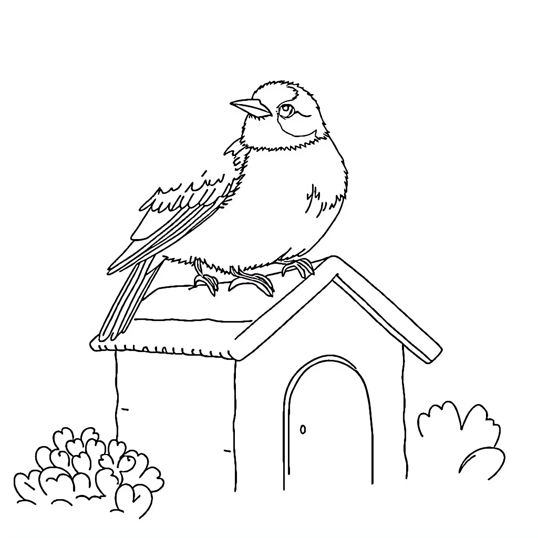 Bird perched on birdhouse in the garden Coloring Page (free black-and-white line drawing printable PDF for all, from beginners to advanced learners, including children, teens, adults, and seniors)