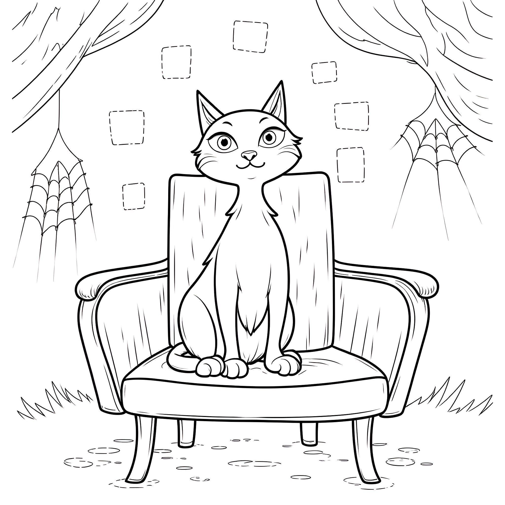 Cat on a spooky armchair Coloring Page (free black-and-white line drawing printable PDF for all, from beginners to advanced learners, including children, teens, adults, and seniors)