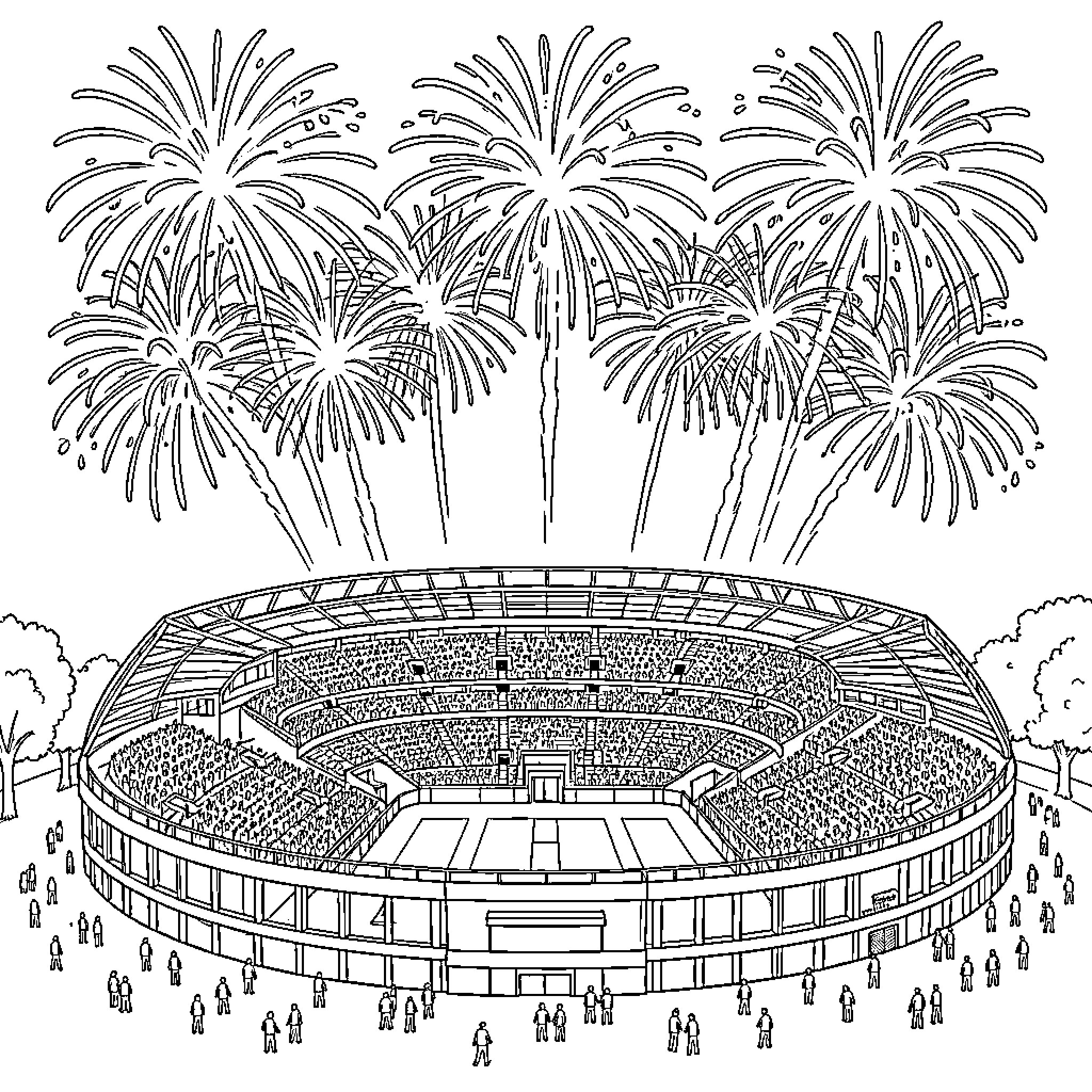 Estadio celebrating with spectacular fireworks over the crowd Coloring Page (free black-and-white line drawing printable PDF for all, from beginners to advanced learners, including children, teens, adults, and seniors)