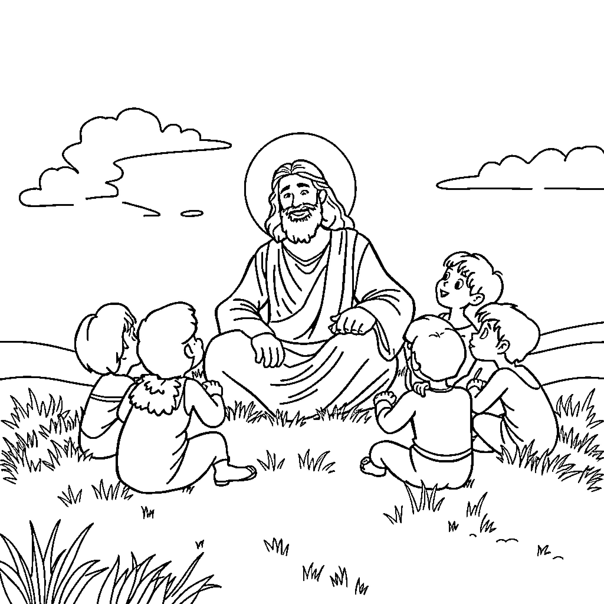 Jesus teaching children in a peaceful setting Coloring Page (free black-and-white line drawing printable PDF for all, from beginners to advanced learners, including children, teens, adults, and seniors)