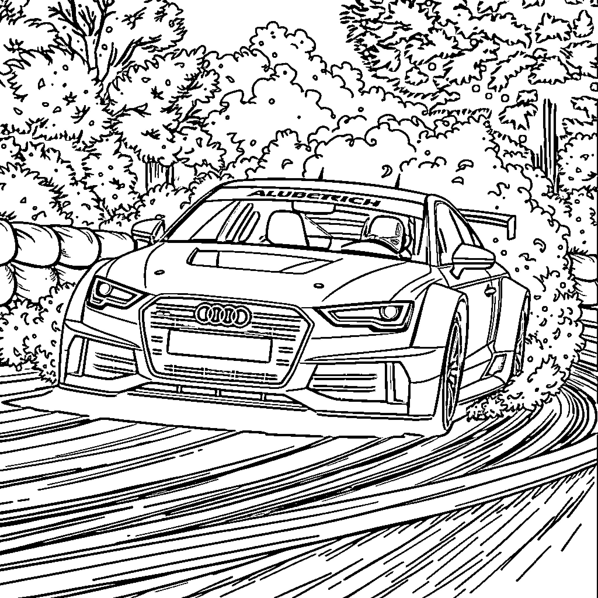 Audi racing car on winding mountain road Coloring Page (free black-and-white line drawing printable PDF for all, from beginners to advanced learners, including children, teens, adults, and seniors)