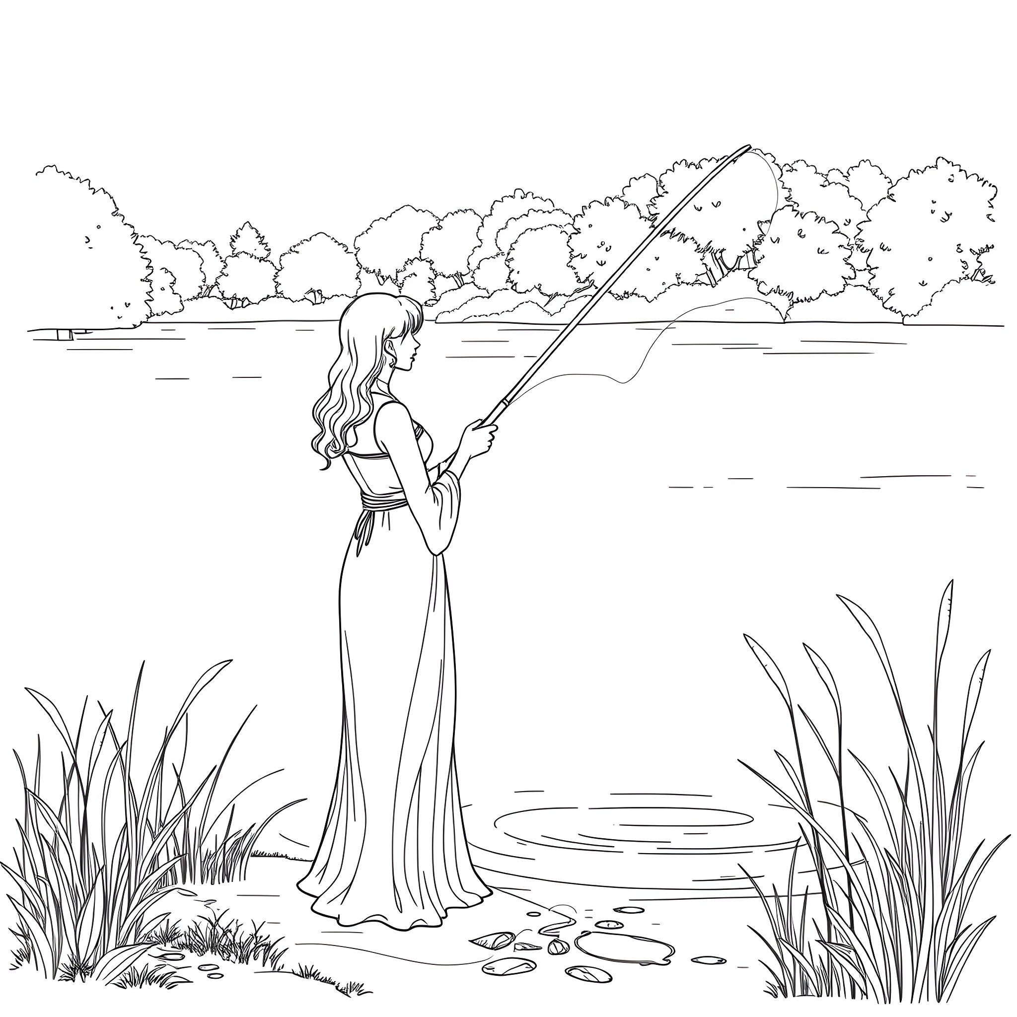 Wife fishing peacefully by the lakeside Coloring Page (free black-and-white line drawing printable PDF for all, from beginners to advanced learners, including children, teens, adults, and seniors)