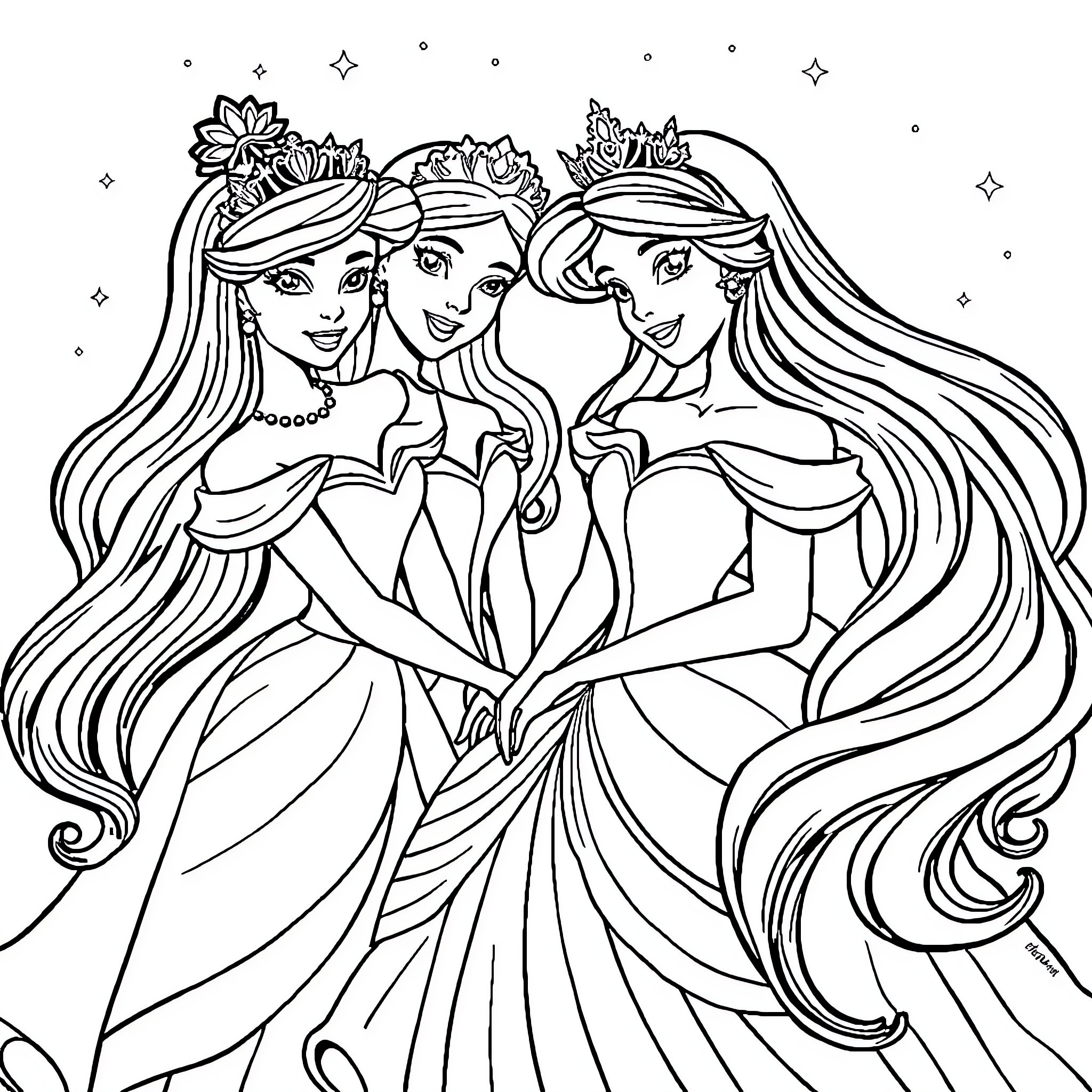 Disney Princess Trio in Elegant Dresses and Crowns Coloring Page (free black-and-white line drawing printable PDF for all, from beginners to advanced learners, including children, teens, adults, and seniors)