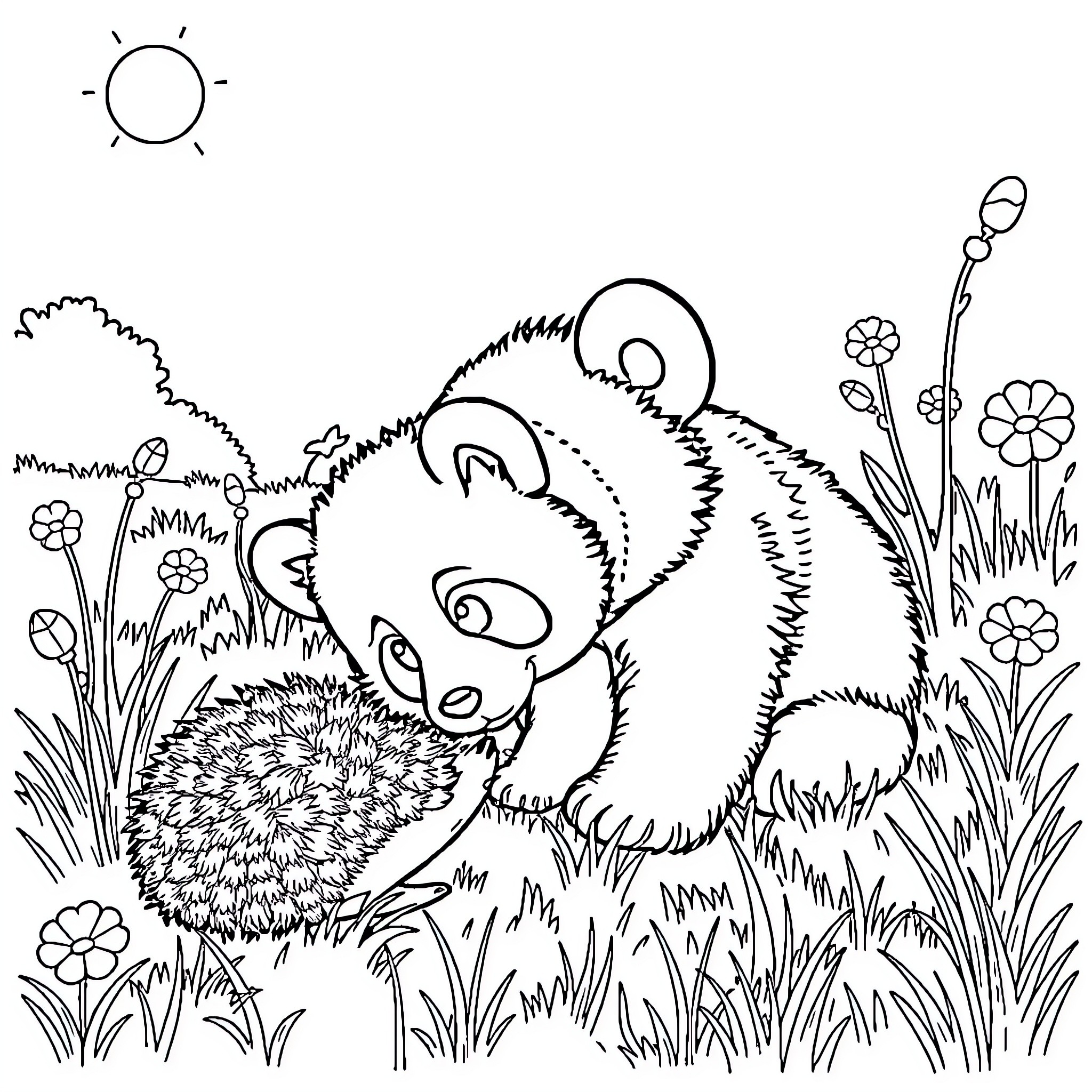 Panda playing joyfully in the meadow Coloring Page (free black-and-white line drawing printable PDF for all, from beginners to advanced learners, including children, teens, adults, and seniors)