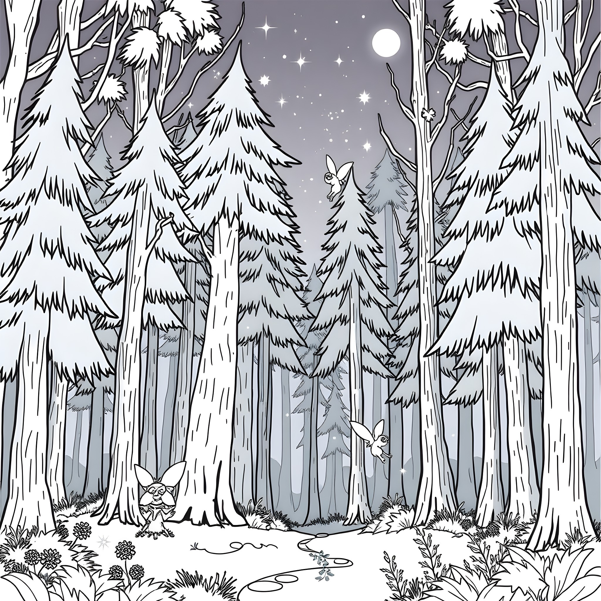 Fairy Forest Wonderland under Moonlight Coloring Page (free black-and-white line drawing printable PDF for all, from beginners to advanced learners, including children, teens, adults, and seniors)