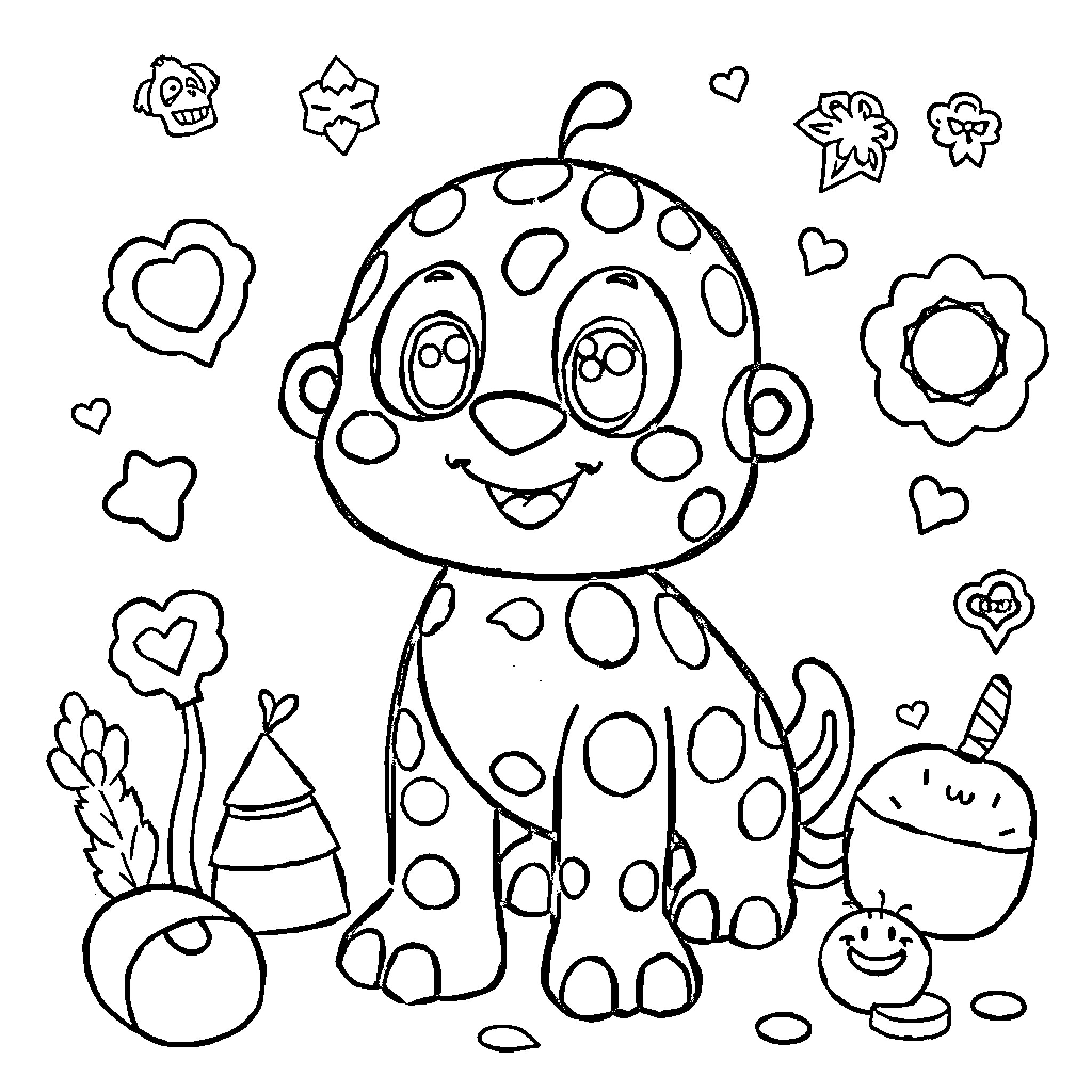 Qubo's Playful Polka Dot Party Coloring Page (free black-and-white line drawing printable PDF for all, from beginners to advanced learners, including children, teens, adults, and seniors)