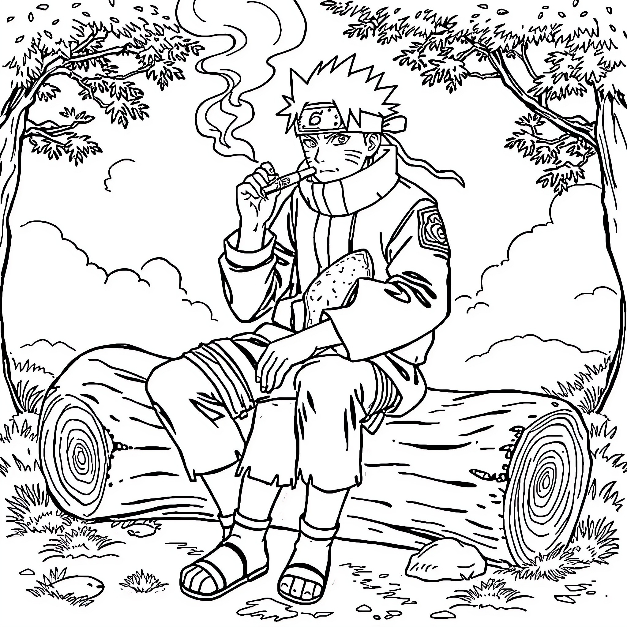 Naruto resting in the woods after a mission Coloring Page (free black-and-white line drawing printable PDF for all, from beginners to advanced learners, including children, teens, adults, and seniors)