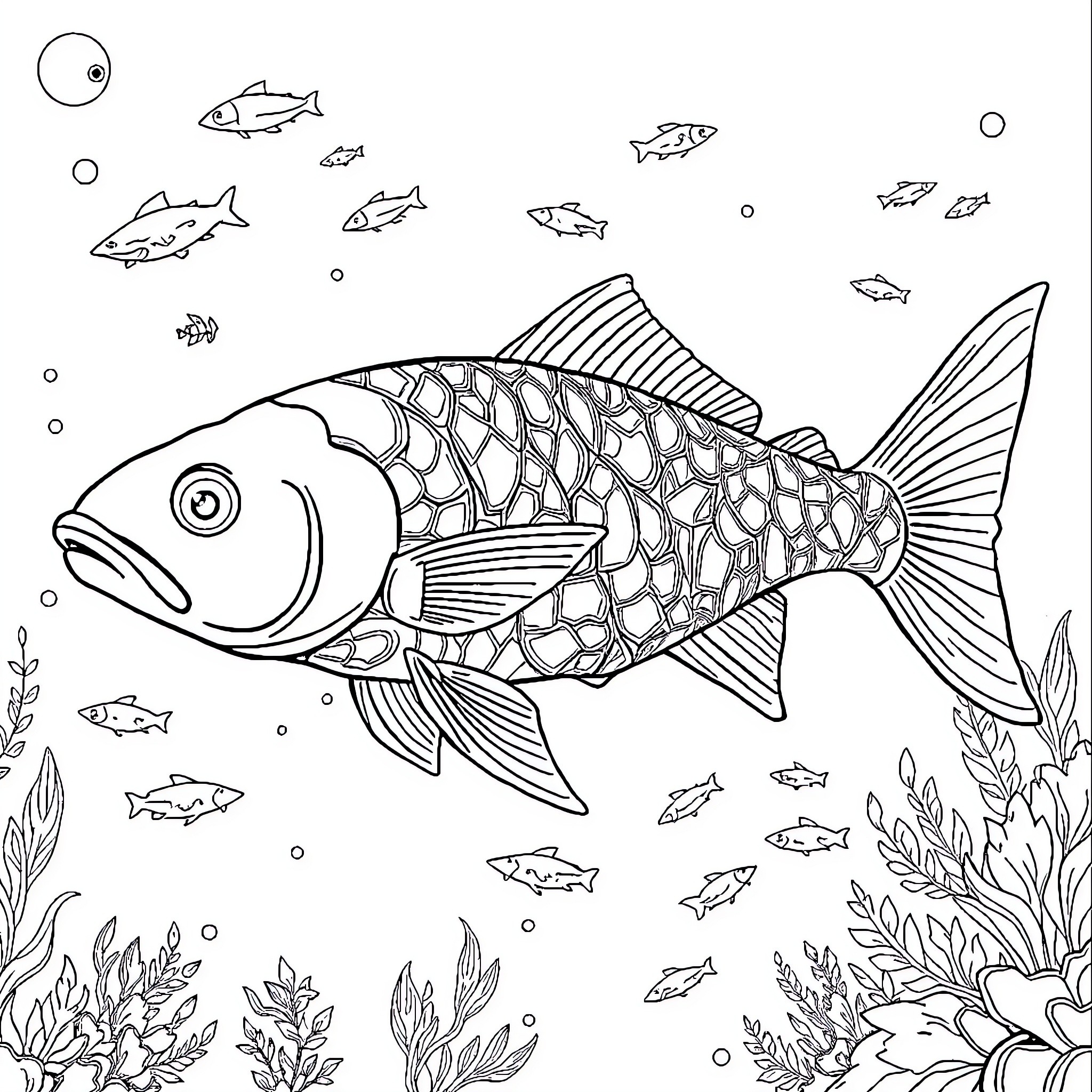 Ocean scene with various fish and aquatic plants Coloring Page (free black-and-white line drawing printable PDF for all, from beginners to advanced learners, including children, teens, adults, and seniors)