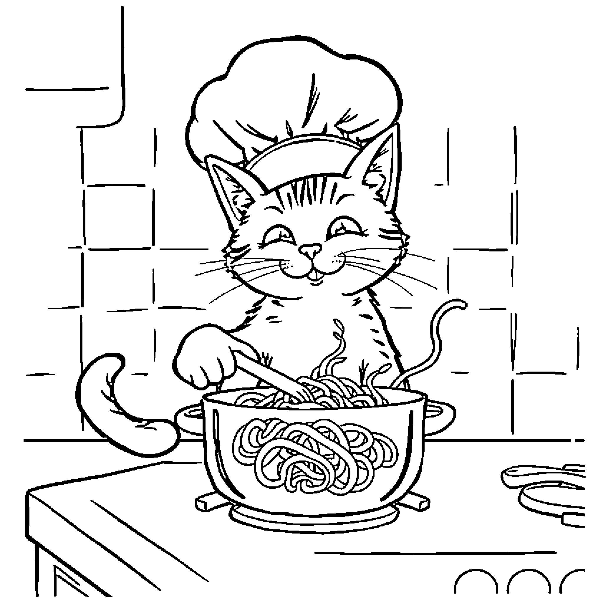 Cat chef cooking in the kitchen Coloring Page (free black-and-white line drawing printable PDF for all, from beginners to advanced learners, including children, teens, adults, and seniors)