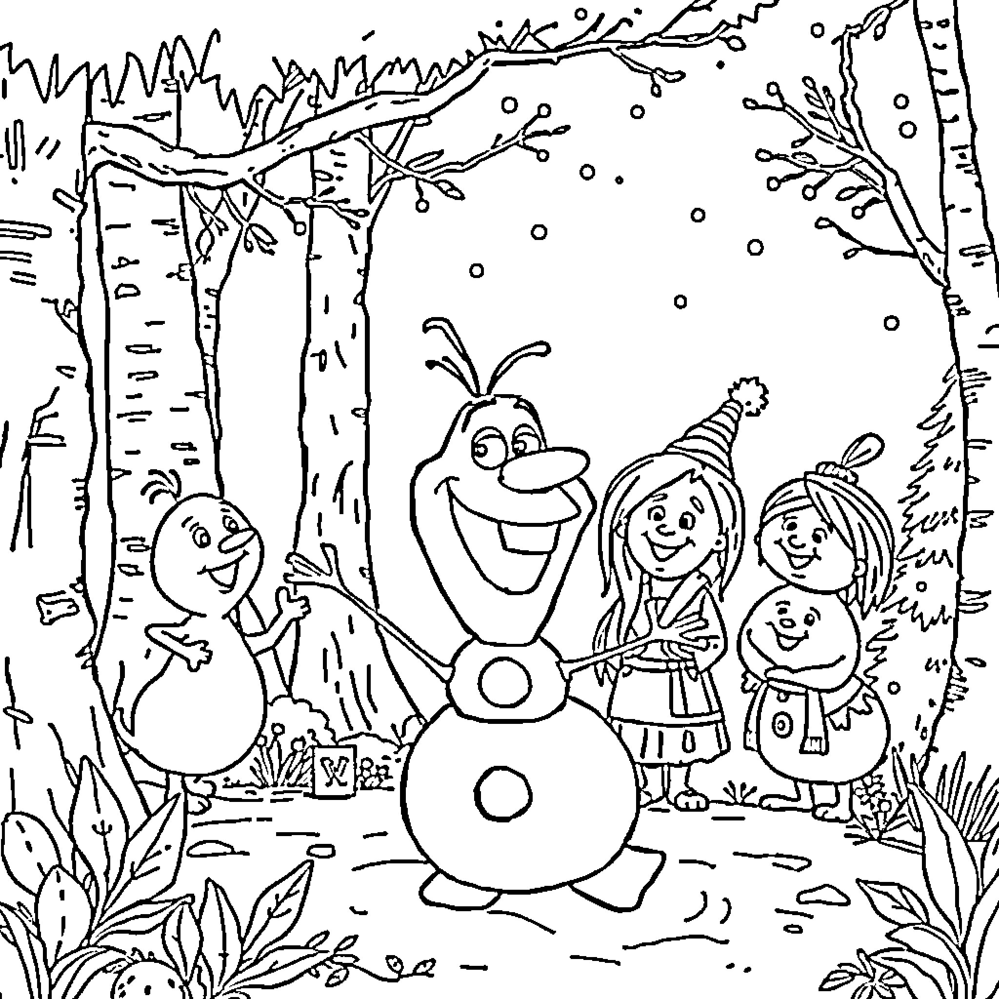 Olaf enjoying the winter wonderland with friends Coloring Page (free black-and-white line drawing printable PDF for all, from beginners to advanced learners, including children, teens, adults, and seniors)