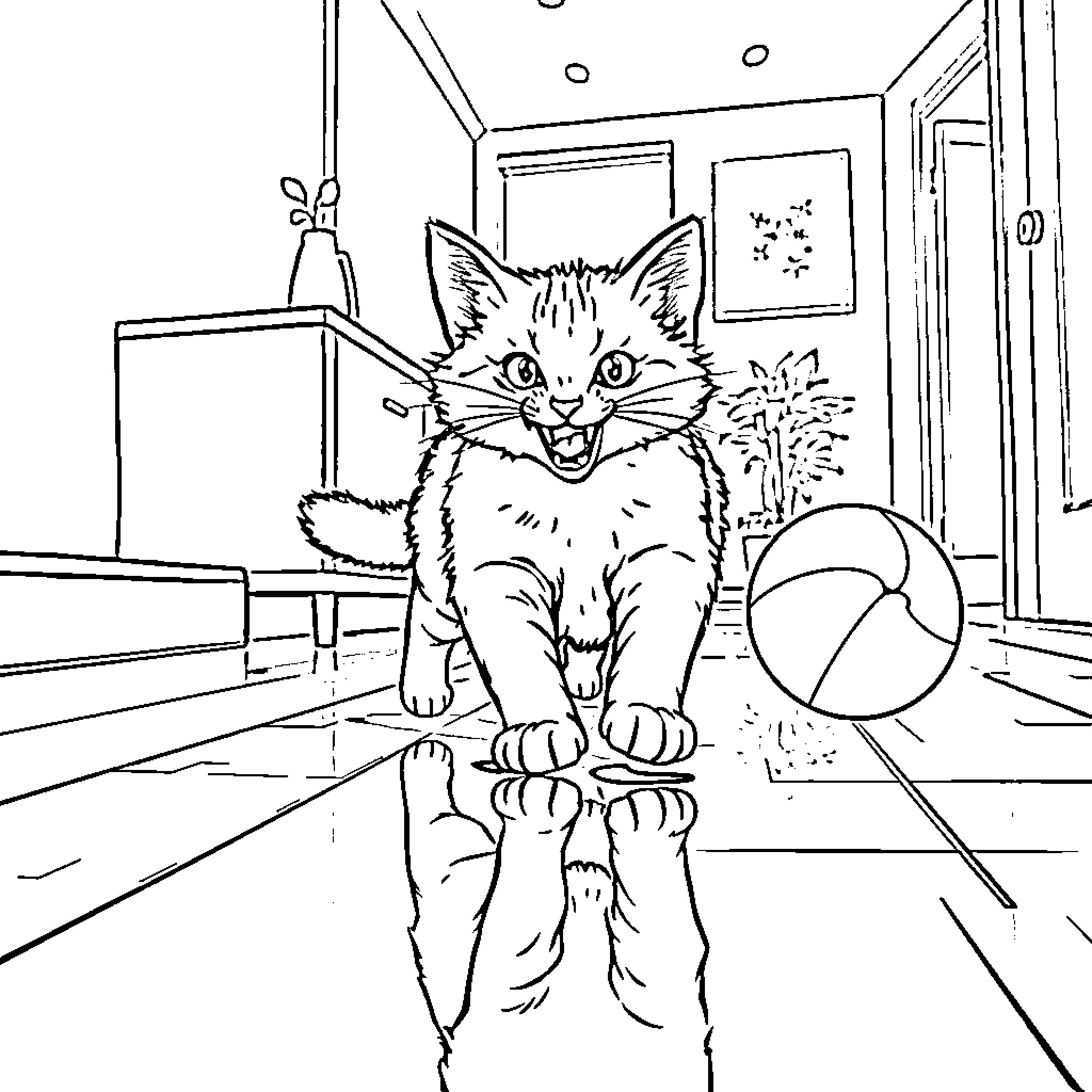 Cat acting mischievously in indoor setting Coloring Page (free black-and-white line drawing printable PDF for all, from beginners to advanced learners, including children, teens, adults, and seniors)