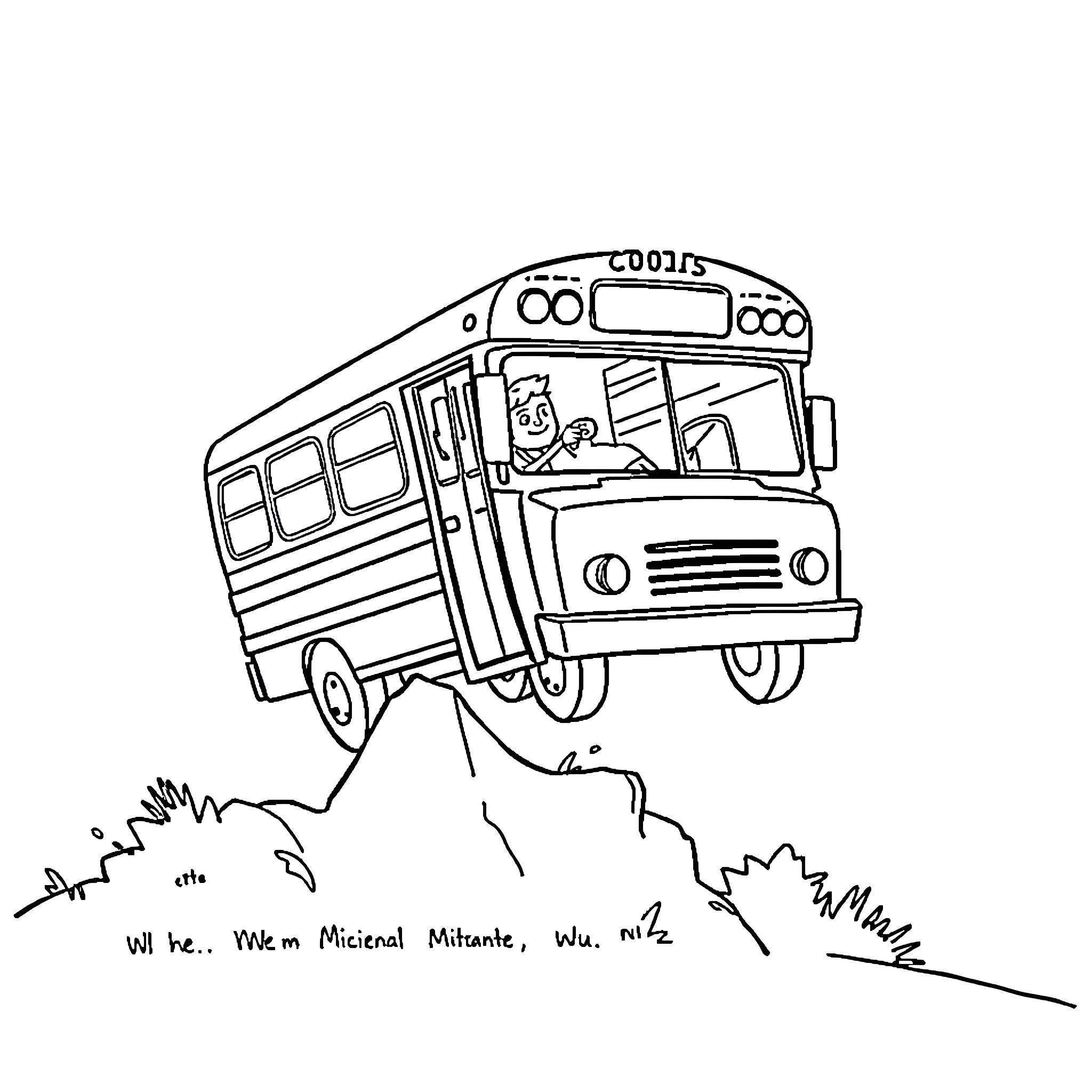 Bus transporting cartoon passengers over rocky terrain Coloring Page (free black-and-white line drawing printable PDF for all, from beginners to advanced learners, including children, teens, adults, and seniors)
