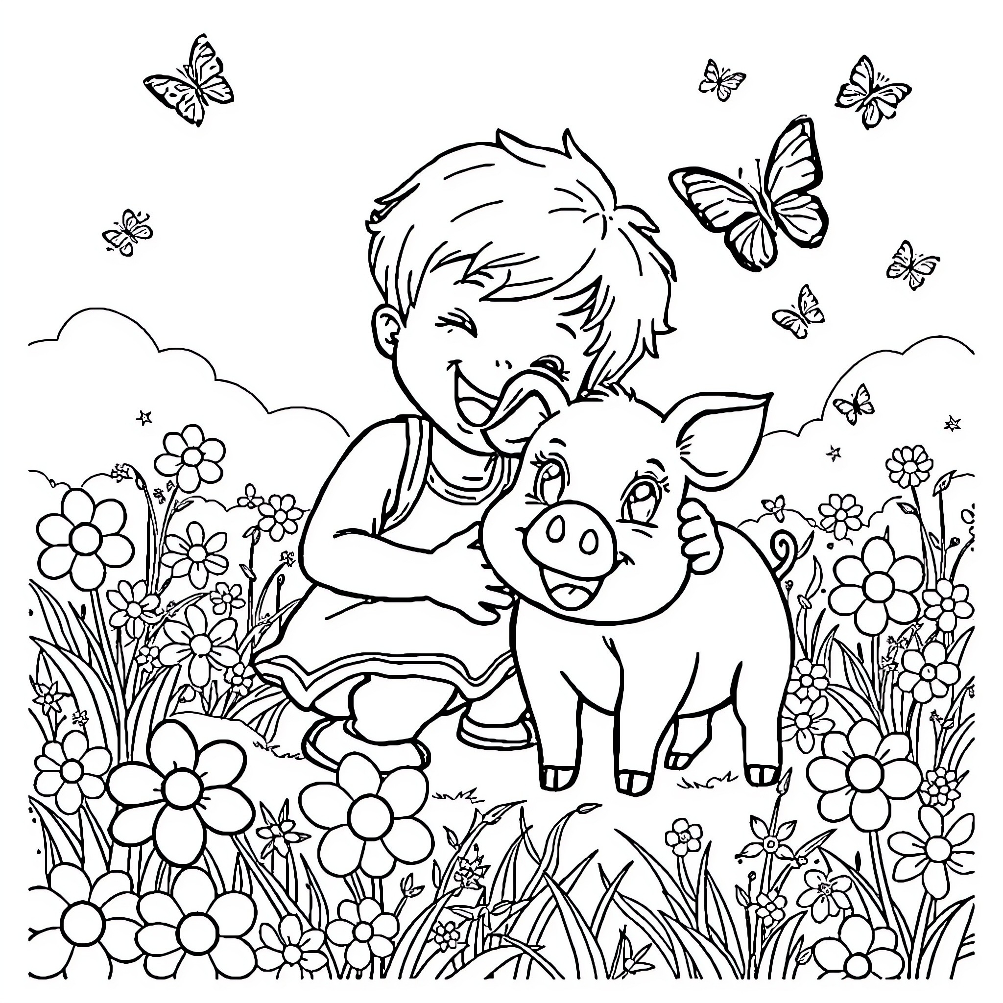Pig and boy playing in floral garden Coloring Page (free black-and-white line drawing printable PDF for all, from beginners to advanced learners, including children, teens, adults, and seniors)
