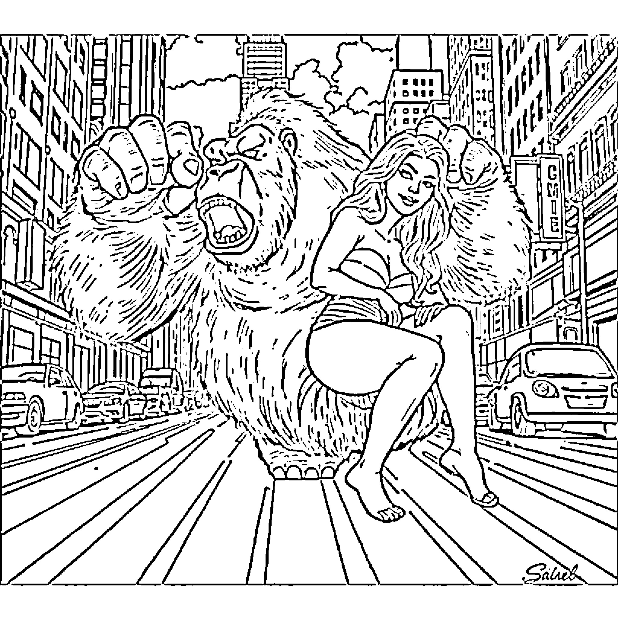 King Kong terrorizes blonde woman in the city Coloring Page (free black-and-white line drawing printable PDF for all, from beginners to advanced learners, including children, teens, adults, and seniors)