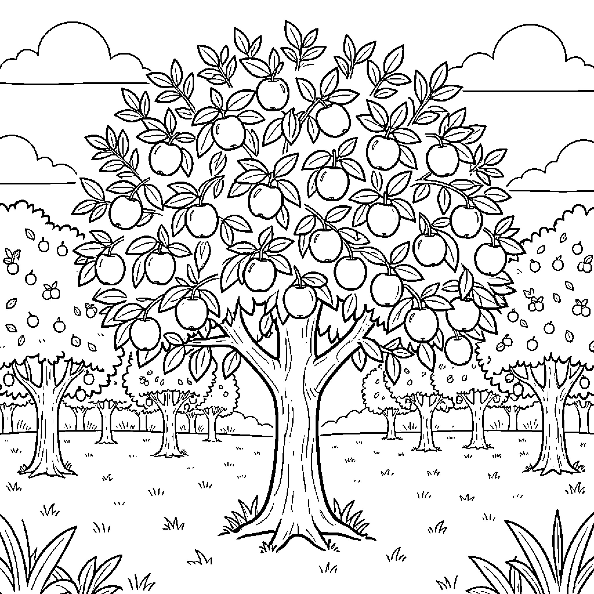 Apple Plant With Flourishing Orchard in Landscape Coloring Page (free black-and-white line drawing printable PDF for all, from beginners to advanced learners, including children, teens, adults, and seniors)